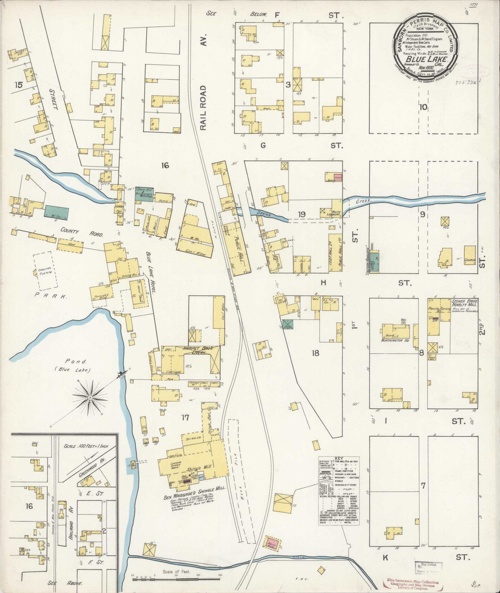 Sanborn Fire Insurance Map from Blue Lake, Humboldt County, California (1892), Sheet #0001 - Historic Sanborn Fire Insurance Map Print, vintage old map wall art, antique decor, genealogy gift, California California map