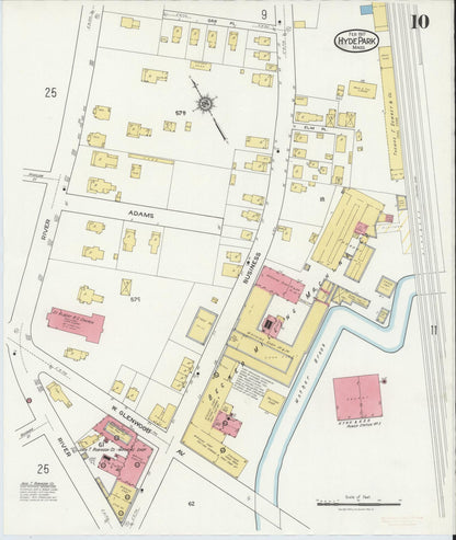 Sanborn Fire Insurance Map from Hyde Park, Norfolk County, Massachusetts (1917), Sheet #0010 - Historic Sanborn Fire Insurance Map Print, vintage old map wall art, antique decor, genealogy gift, Massachusetts Massachusetts map