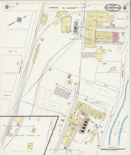 Sanborn Fire Insurance Map from Elizabethton, Carter County, Tennessee (1924), Sheet #0008 - Historic Sanborn Fire Insurance Map Print, vintage old map wall art, antique decor, genealogy gift, Tennessee Tennessee map
