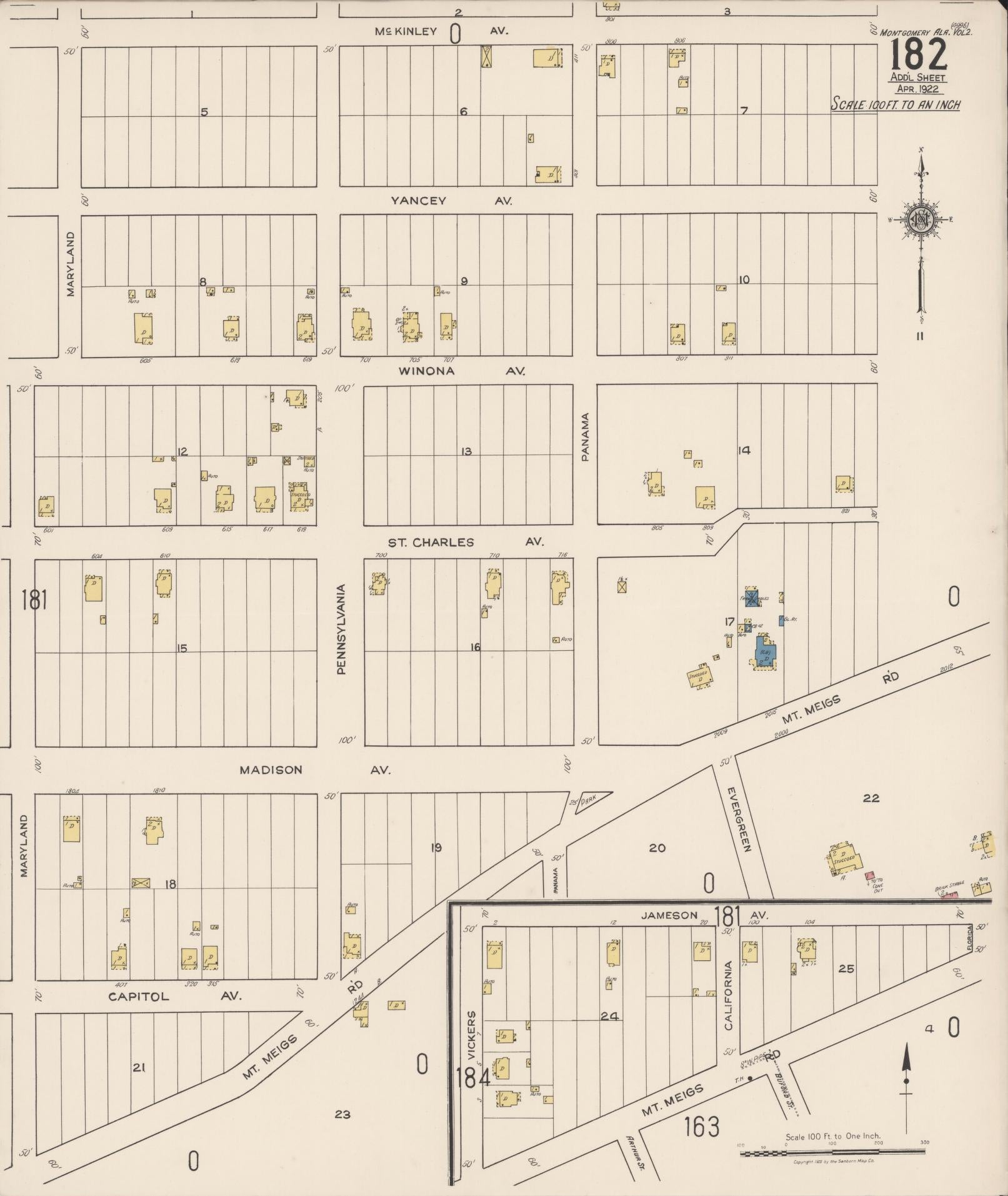 Sanborn Fire Insurance Map from Montgomery, Montgomery County, Alabama (1922), Sheet #0182 - Complete Map Set gallery image, historic Sanborn map, vintage wall art, Alabama Alabama
