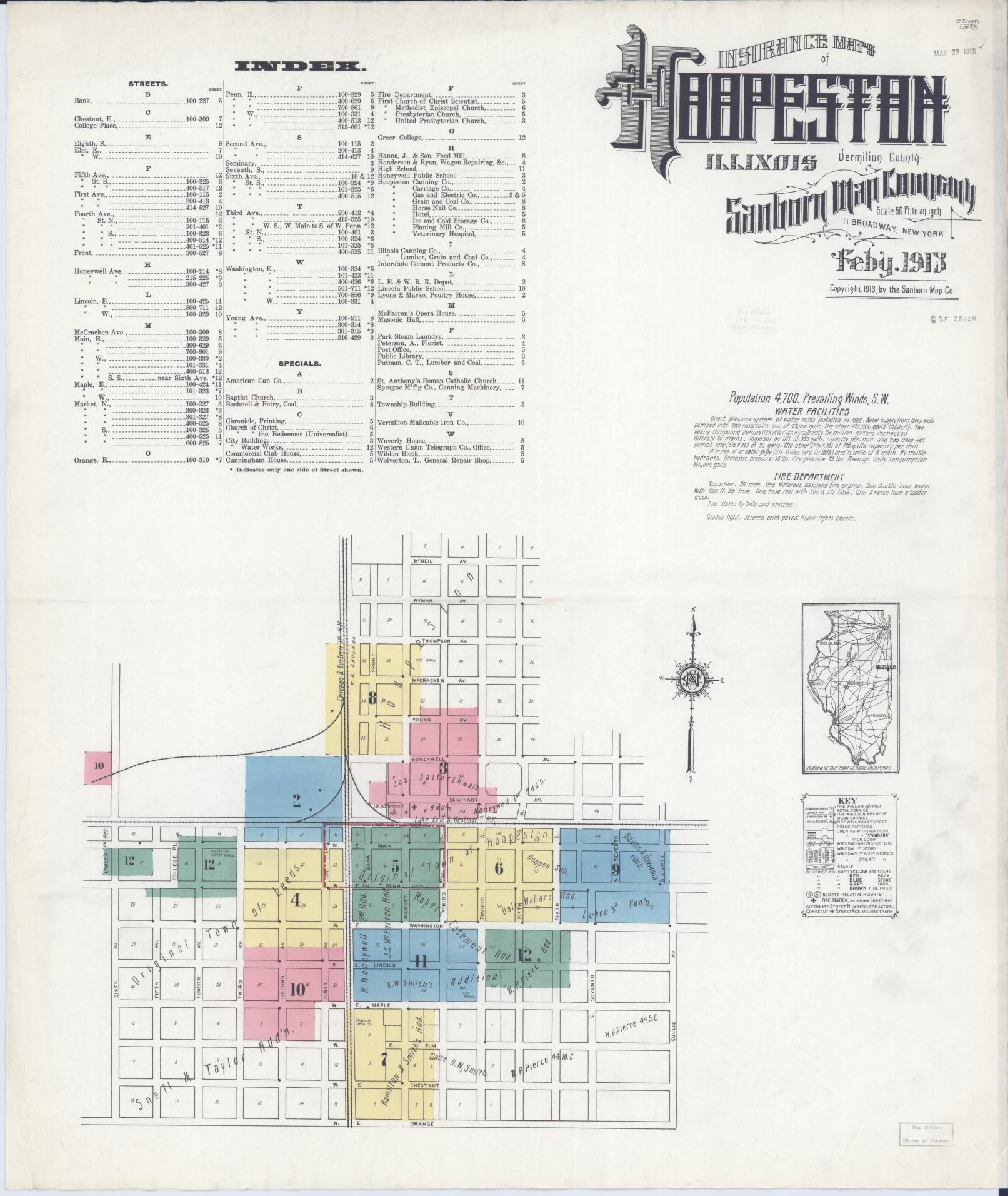 Sanborn Fire Insurance Map from Hoopeston, Vermilion County, Illinois (1913), Sheet #0001 - Complete Map Set gallery image, historic Sanborn map, vintage wall art, Illinois Illinois