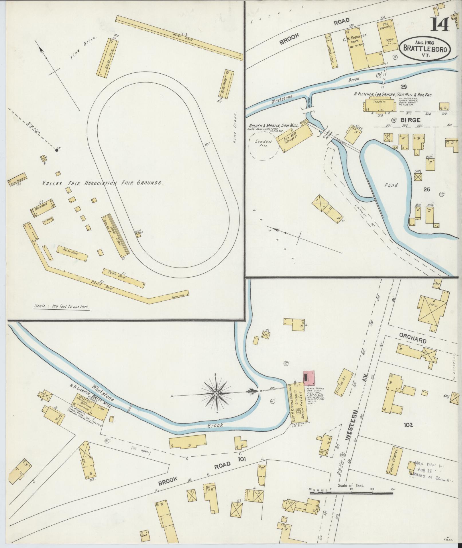 Sanborn Fire Insurance Map from Brattleboro, Windham County, Vermont (1906), Sheet #0014 - Historic Sanborn Fire Insurance Map Print, vintage old map wall art, antique decor, genealogy gift, Vermont Vermont map