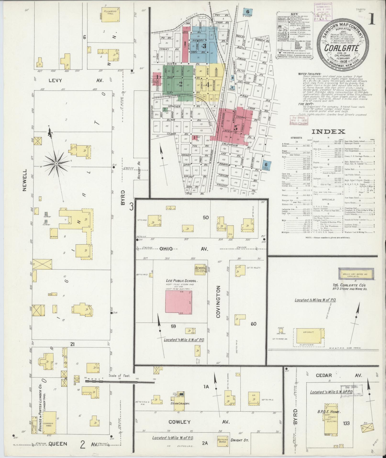 Sanborn Fire Insurance Map from Coalgate, Coal County, Oklahoma (1908), Sheet #0001 - Complete Map Set gallery image, historic Sanborn map, vintage wall art, Oklahoma Oklahoma
