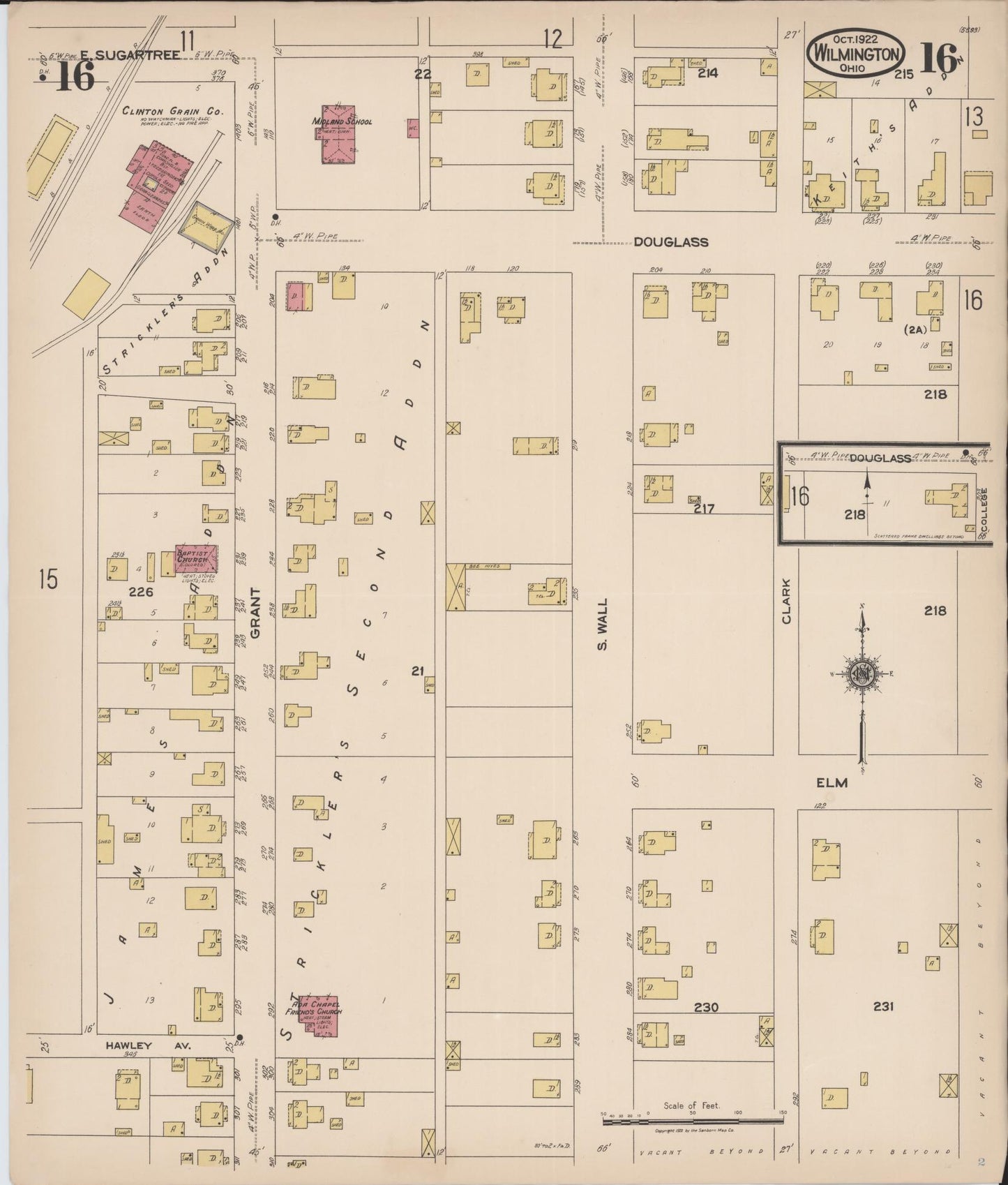 Sanborn Fire Insurance Map from Wilmington, Clinton County, Ohio (1922), Sheet #0016 - Historic Sanborn Fire Insurance Map Print, vintage old map wall art, antique decor, genealogy gift, Ohio Ohio map