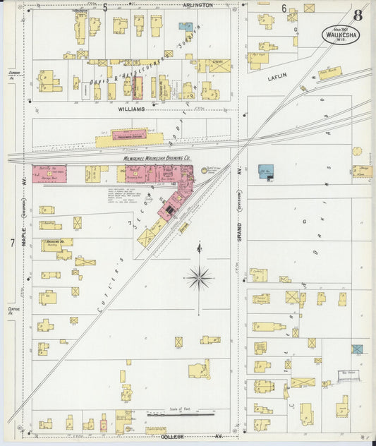 Sanborn Fire Insurance Map from Waukesha, Waukesha County, Wisconsin (1901), Sheet #0008 - Historic Sanborn Fire Insurance Map Print, vintage old map wall art, antique decor, genealogy gift, Wisconsin Wisconsin map