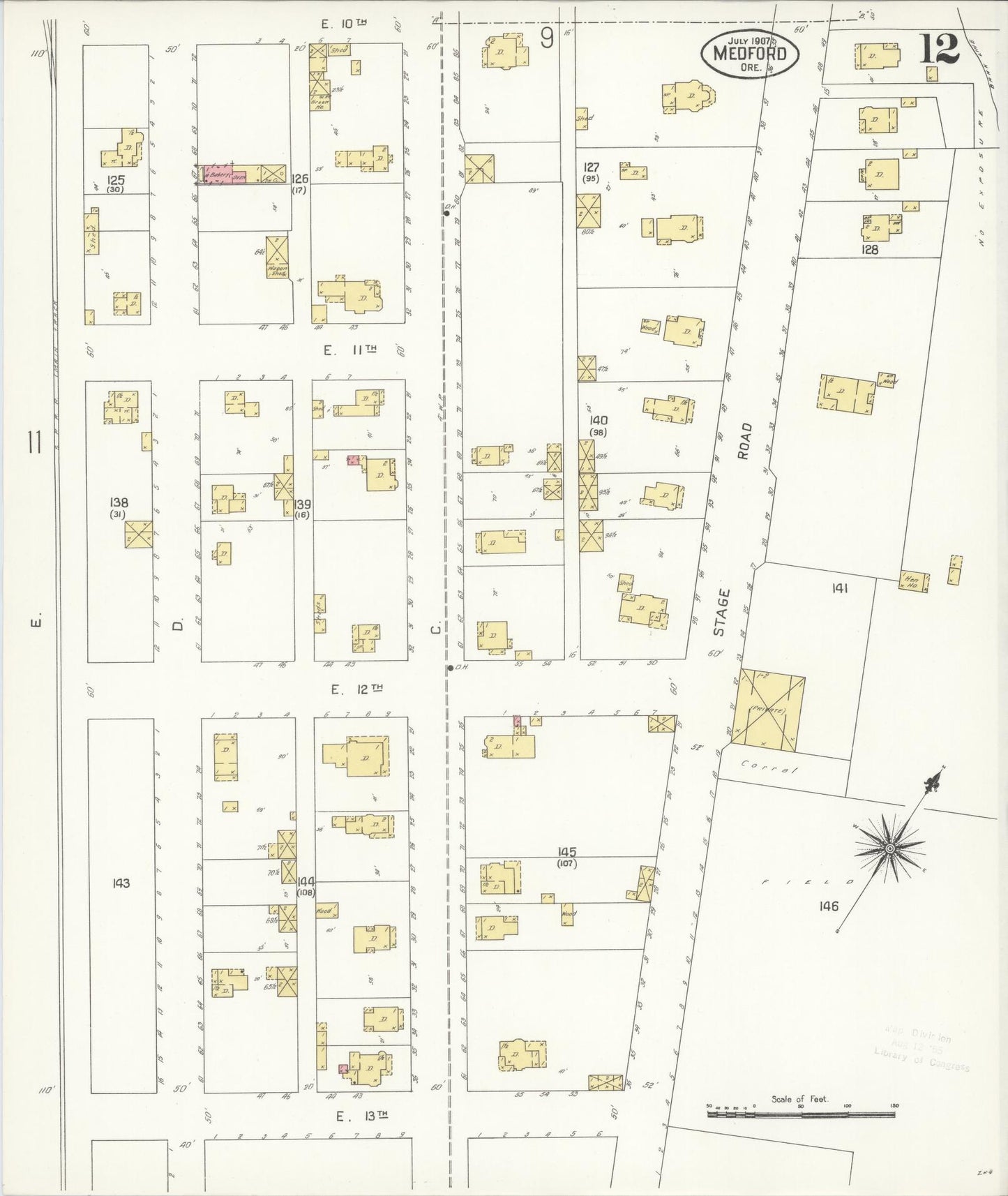 Sanborn Fire Insurance Map from Medford, Jackson County, Oregon (1907), Sheet #0012 - Complete Map Set gallery image, historic Sanborn map, vintage wall art, Oregon Oregon