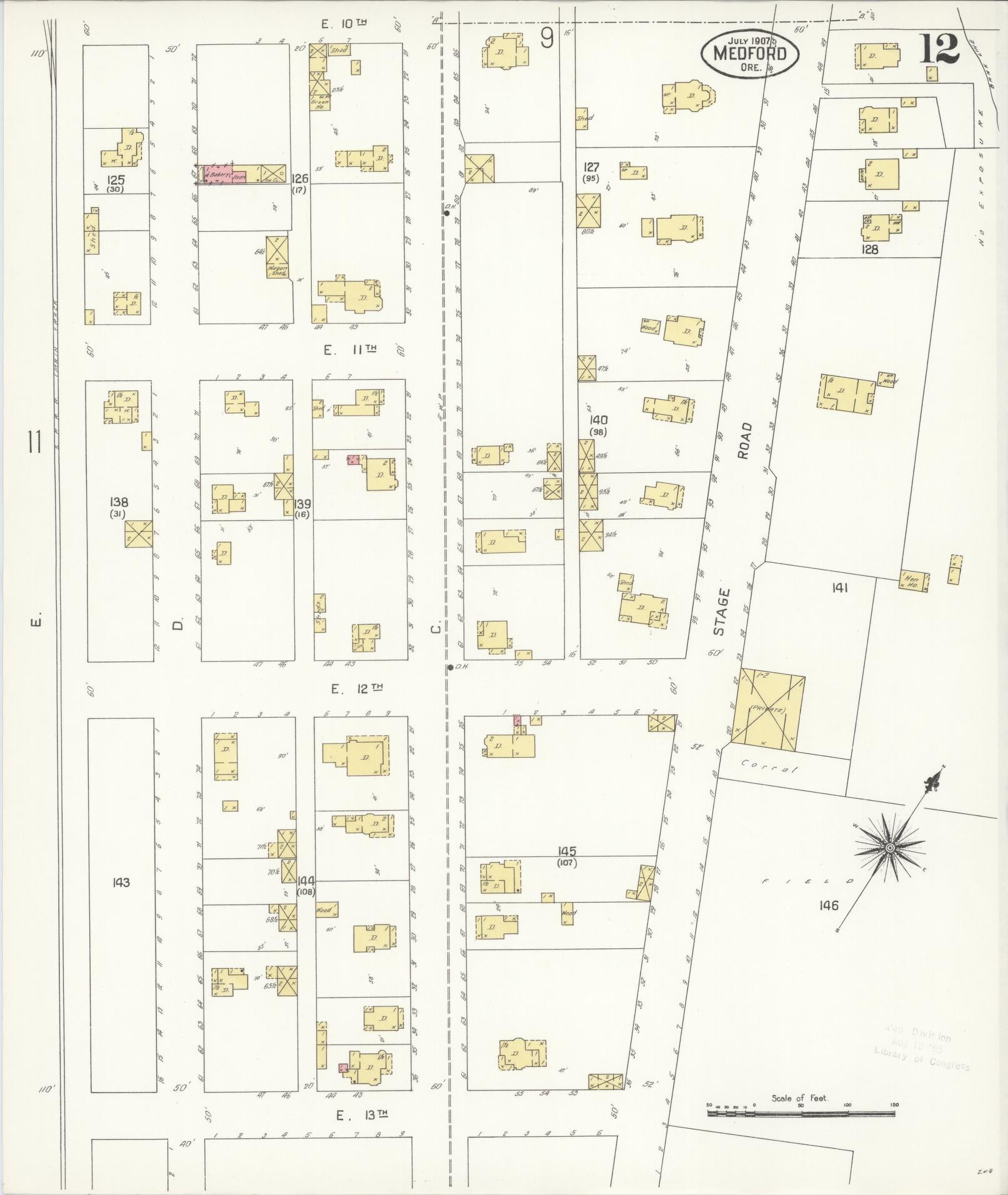 Sanborn Fire Insurance Map from Medford, Jackson County, Oregon (1907), Sheet #0012 - Complete Map Set gallery image, historic Sanborn map, vintage wall art, Oregon Oregon