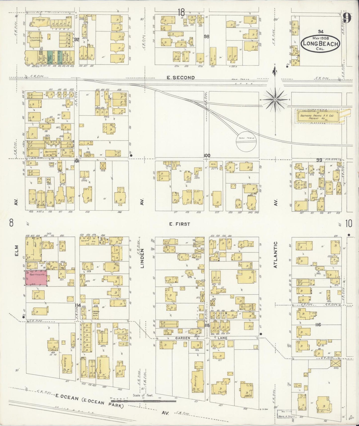Sanborn Fire Insurance Map from Long Beach, Los Angeles County, California (1908), Sheet #0009 - Historic Sanborn Fire Insurance Map Print, vintage old map wall art, antique decor, genealogy gift, California California map