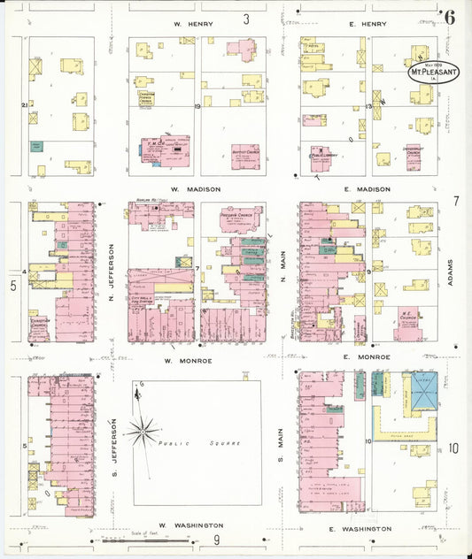Sanborn Fire Insurance Map from Mount Pleasant, Henry County, Iowa (1909), Sheet #0006 - Historic Sanborn Fire Insurance Map Print, vintage old map wall art