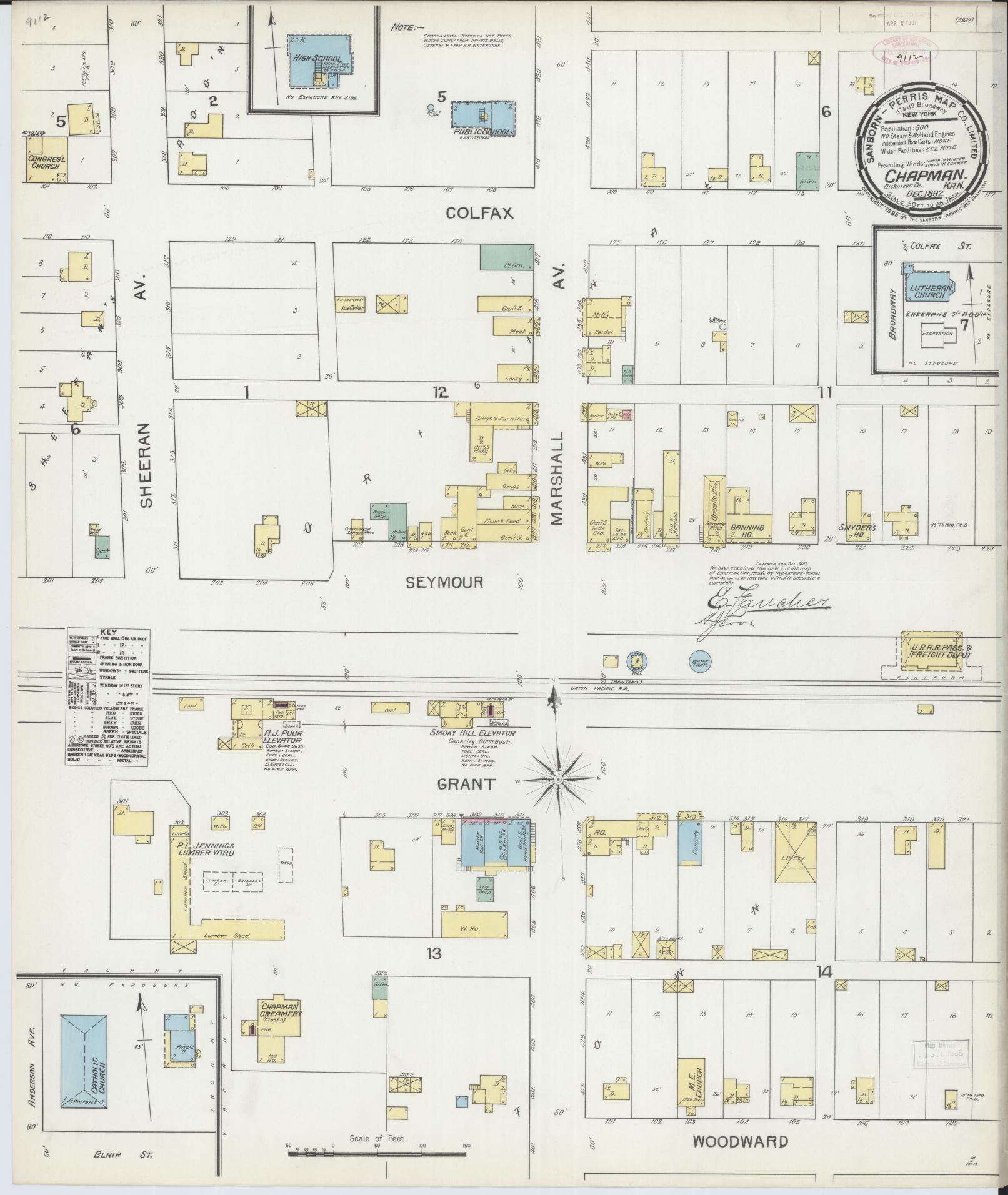 Sanborn Fire Insurance Map from Chapman, Dickinson County, Kansas (1892), Sheet #0001 - Historic Sanborn Fire Insurance Map Print, vintage old map wall art, antique decor, genealogy gift, Kansas Kansas map