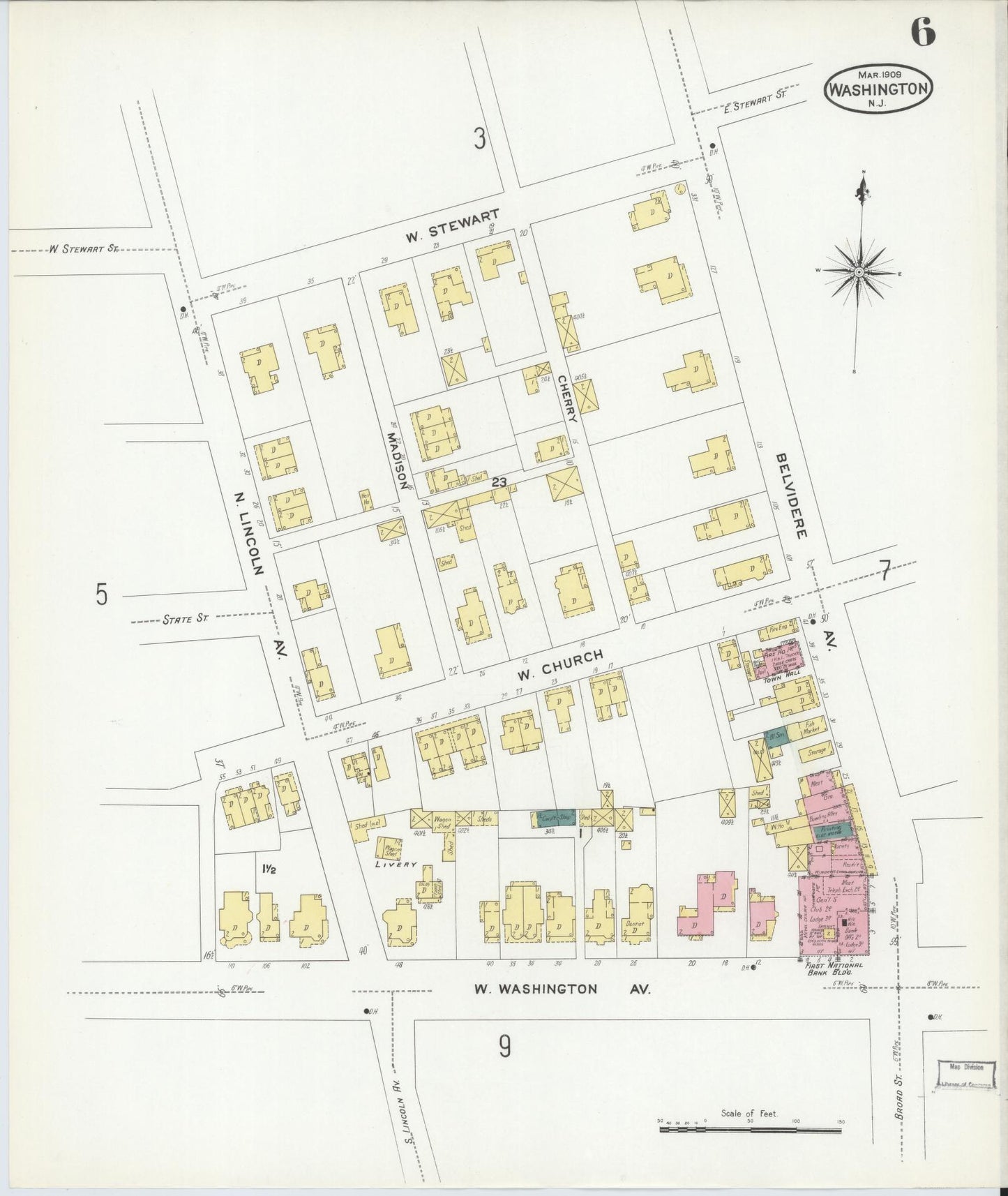 Sanborn Fire Insurance Map from Washington, Warren County, New Jersey (1909), Sheet #0006 - Historic Sanborn Fire Insurance Map Print, vintage old map wall art, antique decor, genealogy gift, Washington Washington map
