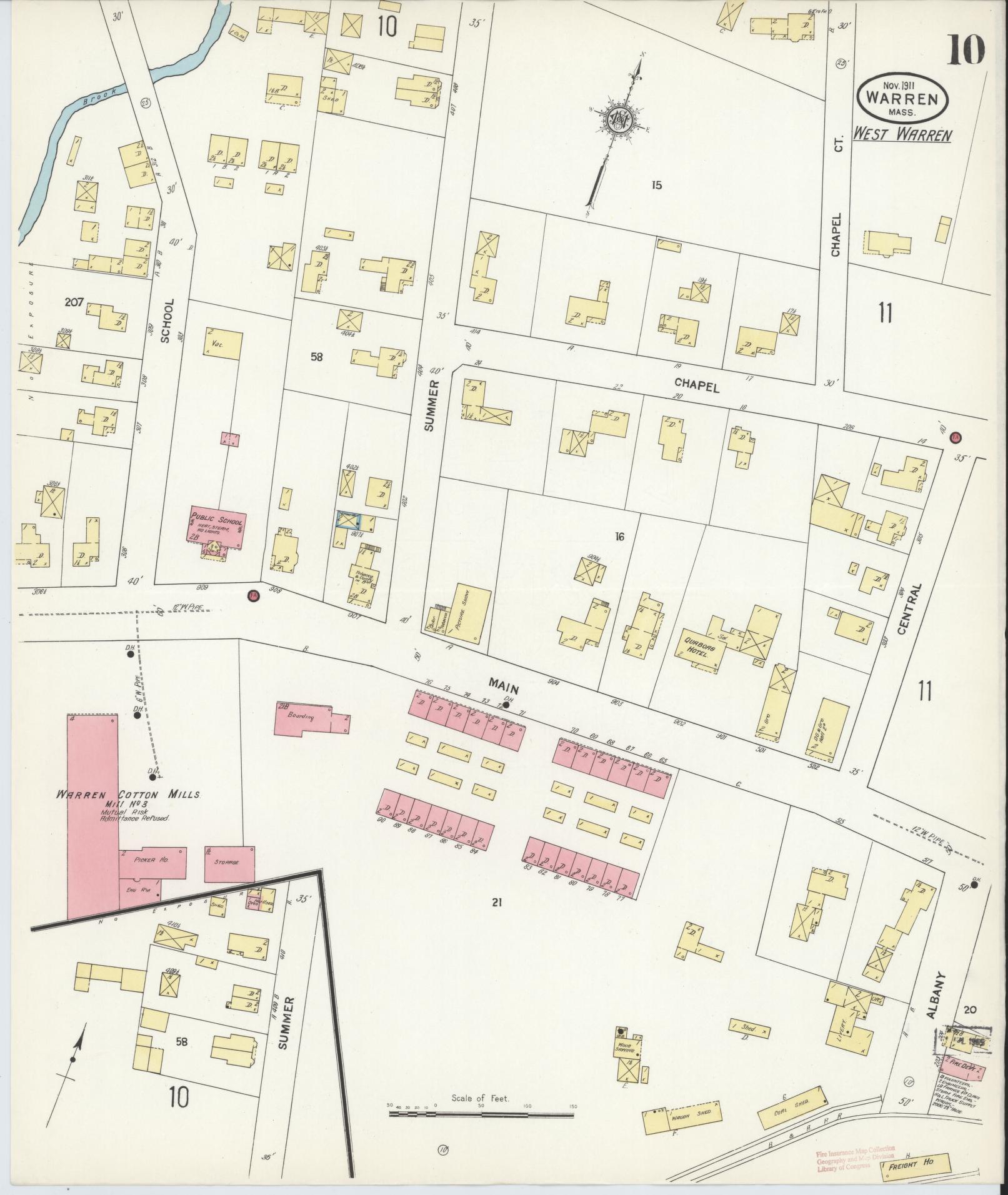 Sanborn Fire Insurance Map from Warren, Worcester County, Massachusetts (1911), Sheet #0010 - Historic Sanborn Fire Insurance Map Print, vintage old map wall art, antique decor, genealogy gift, Massachusetts Massachusetts map