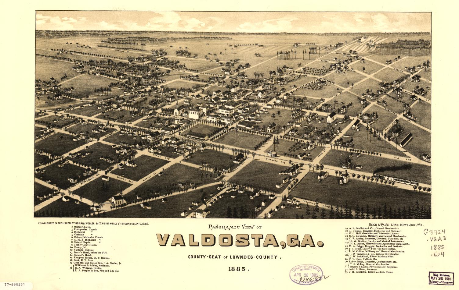Panoramic view of Valdosta, Ga. : county seat of Lowndes County. (1885) – Historic Bird’s-Eye View Panorama Print
