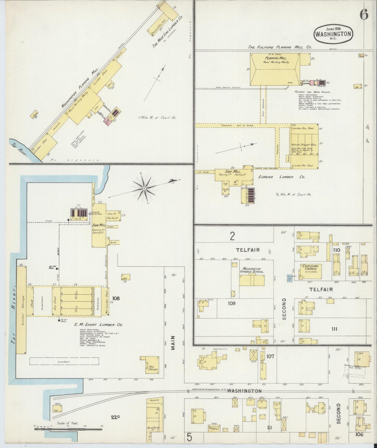 Sanborn Fire Insurance Map from Washington, Beaufort County, North Carolina (1896), Sheet #0006 - Historic Sanborn Fire Insurance Map Print, vintage old map wall art, antique decor, genealogy gift, North Carolina North Carolina map