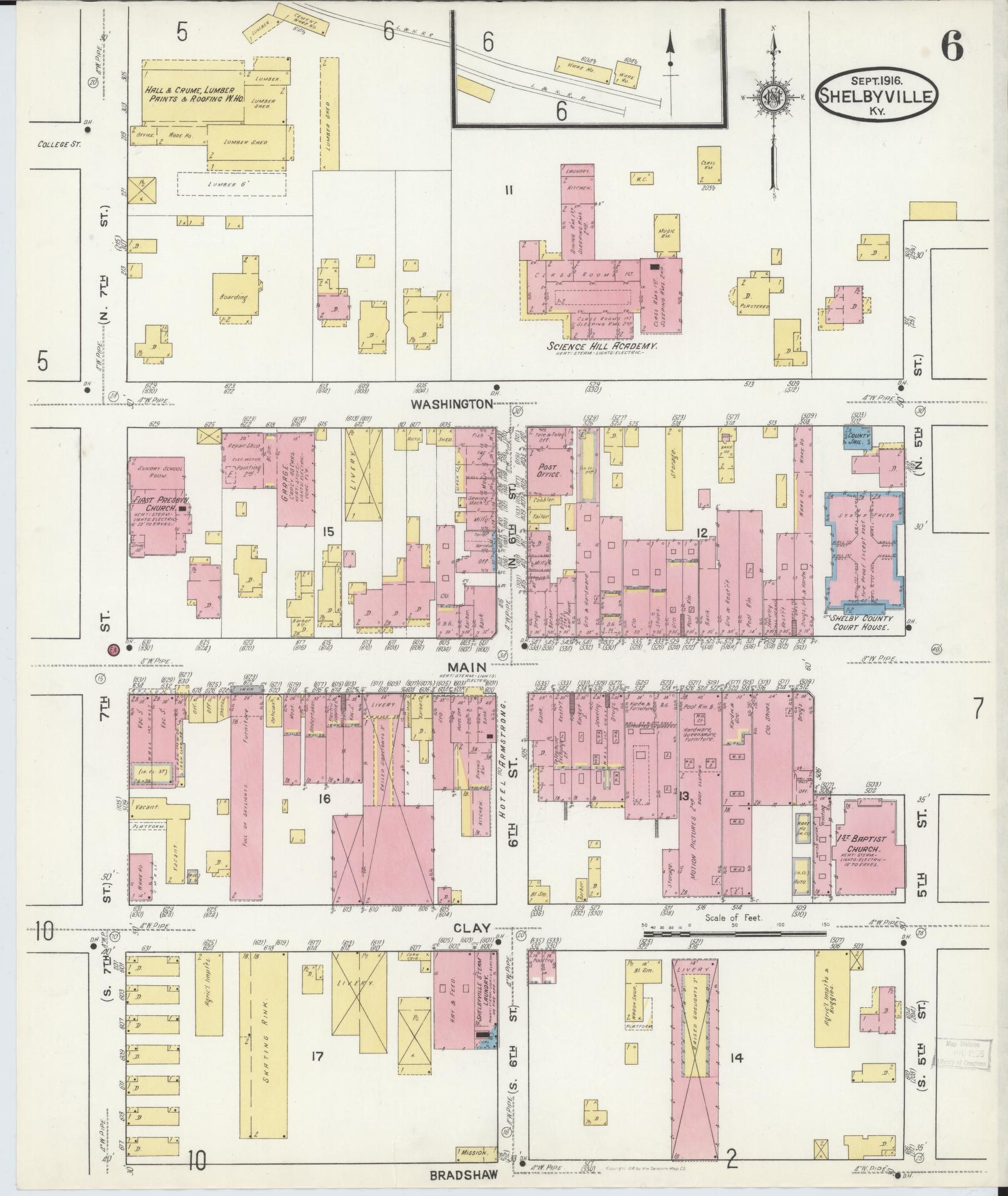 Sanborn Fire Insurance Map from Shelbyville, Shelby County, Kentucky (1916), Sheet #0006 - Historic Sanborn Fire Insurance Map Print, vintage old map wall art, antique decor, genealogy gift, Kentucky Kentucky map