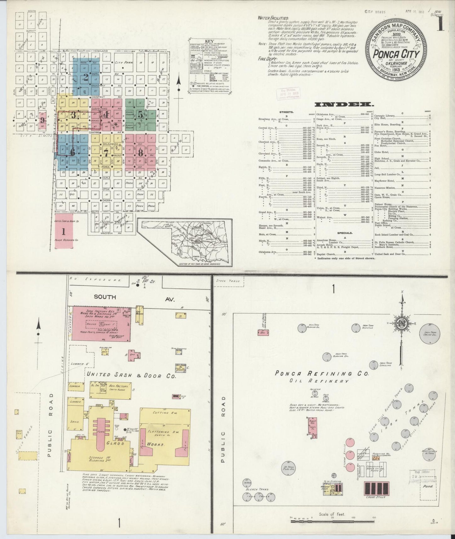 Sanborn Fire Insurance Map from Ponca City, Kay County, Oklahoma (1913), Sheet #0001 - Historic Sanborn Fire Insurance Map Print, vintage old map wall art, antique decor, genealogy gift, Oklahoma Oklahoma map