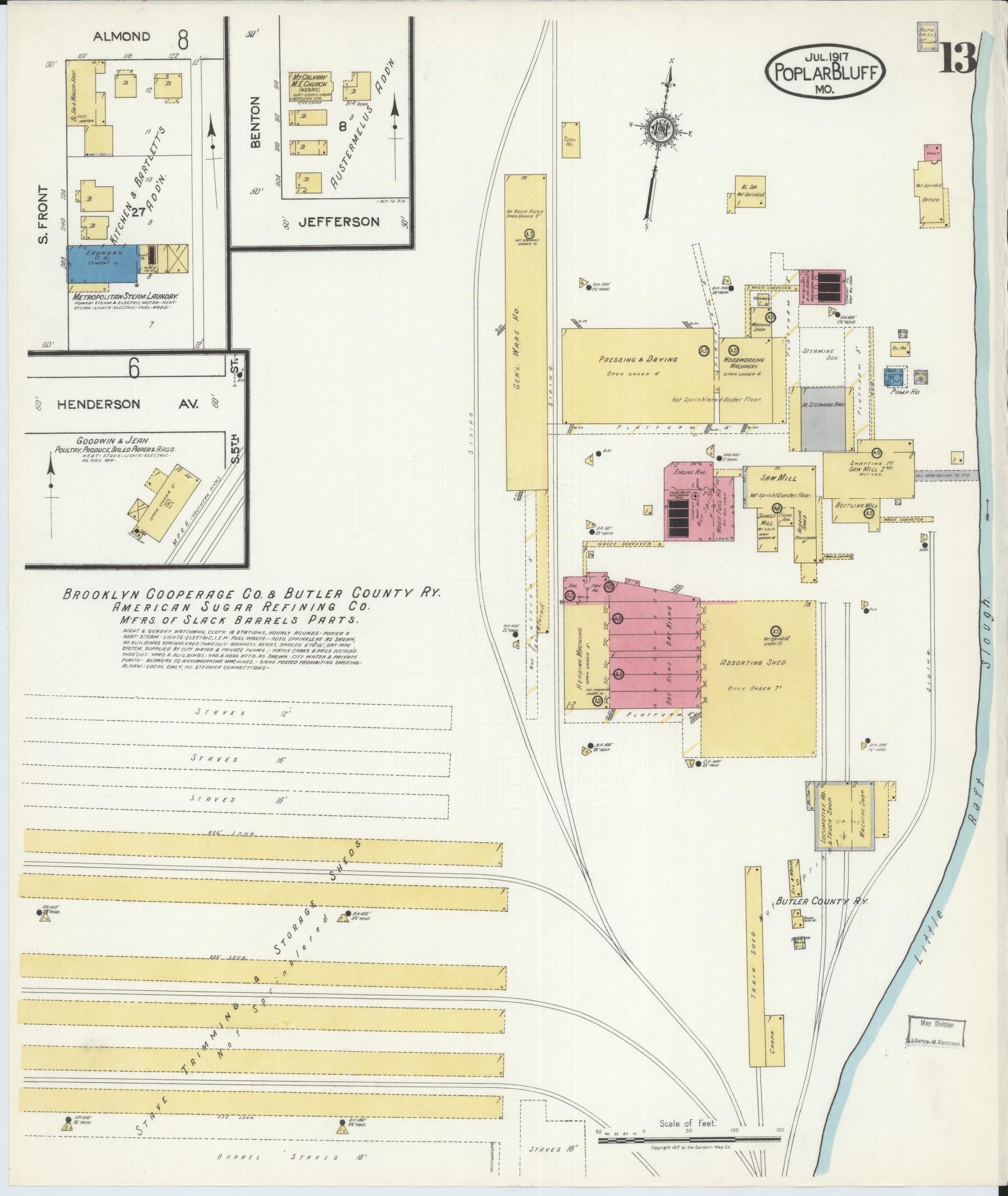 Sanborn Fire Insurance Map from Poplar Bluff, Butler County, Missouri (1917), Sheet #0013 - Historic Sanborn Fire Insurance Map Print, vintage old map wall art, antique decor, genealogy gift, Missouri Missouri map