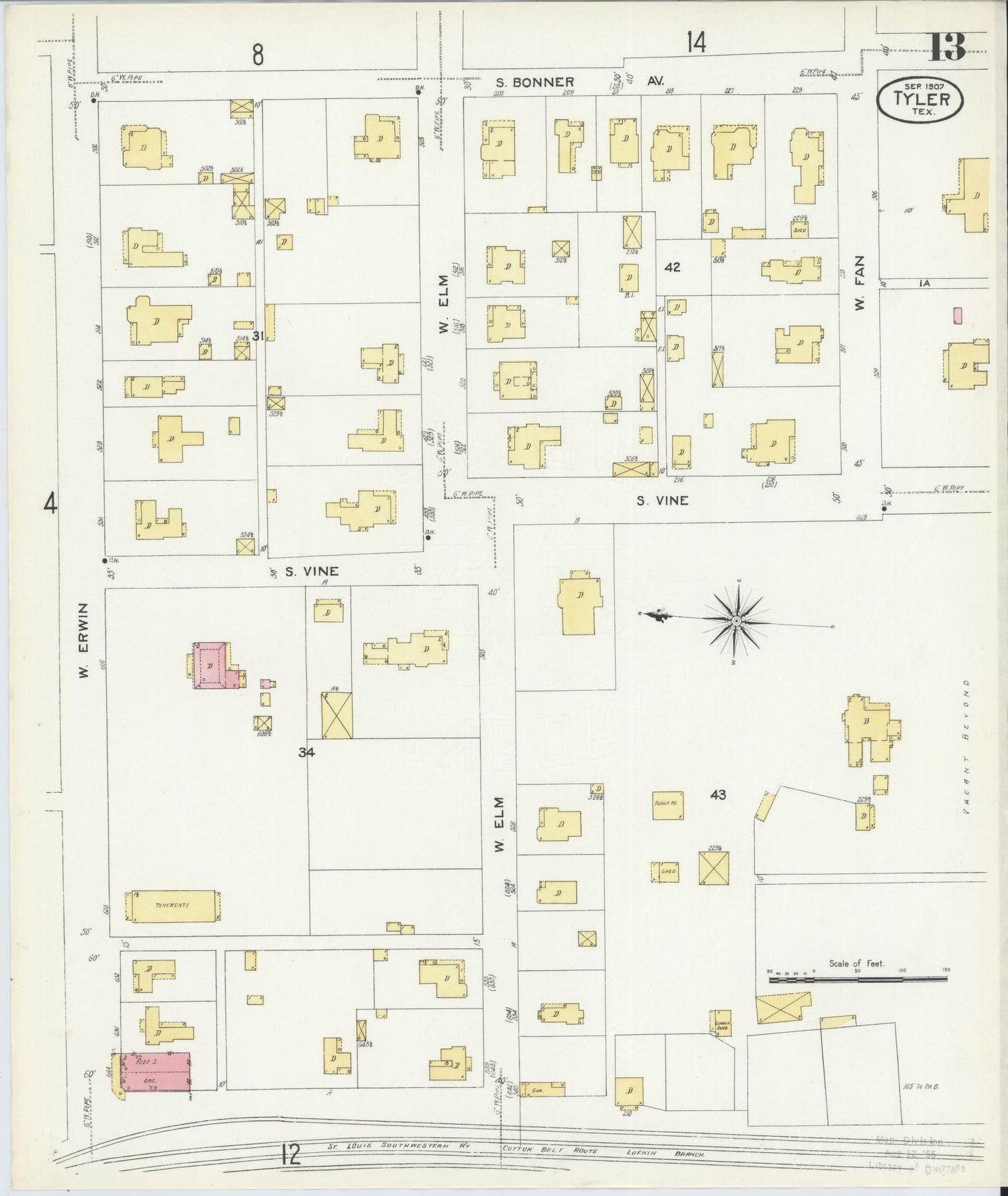 Sanborn Fire Insurance Map from Tyler, Smith County, Texas (1907), Sheet #0013 - Complete Map Set gallery image, historic Sanborn map, vintage wall art, Texas Texas