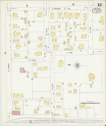 Sanborn Fire Insurance Map from Tyler, Smith County, Texas (1907), Sheet #0013 - Complete Map Set gallery image, historic Sanborn map, vintage wall art, Texas Texas