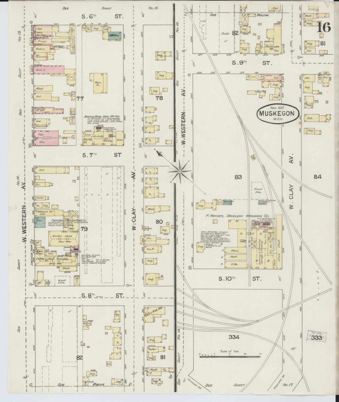 Sanborn Fire Insurance Map from Muskegon, Muskegon County, Michigan (1887), Sheet #0016 - Complete Map Set gallery image, historic Sanborn map, vintage wall art, Michigan Michigan