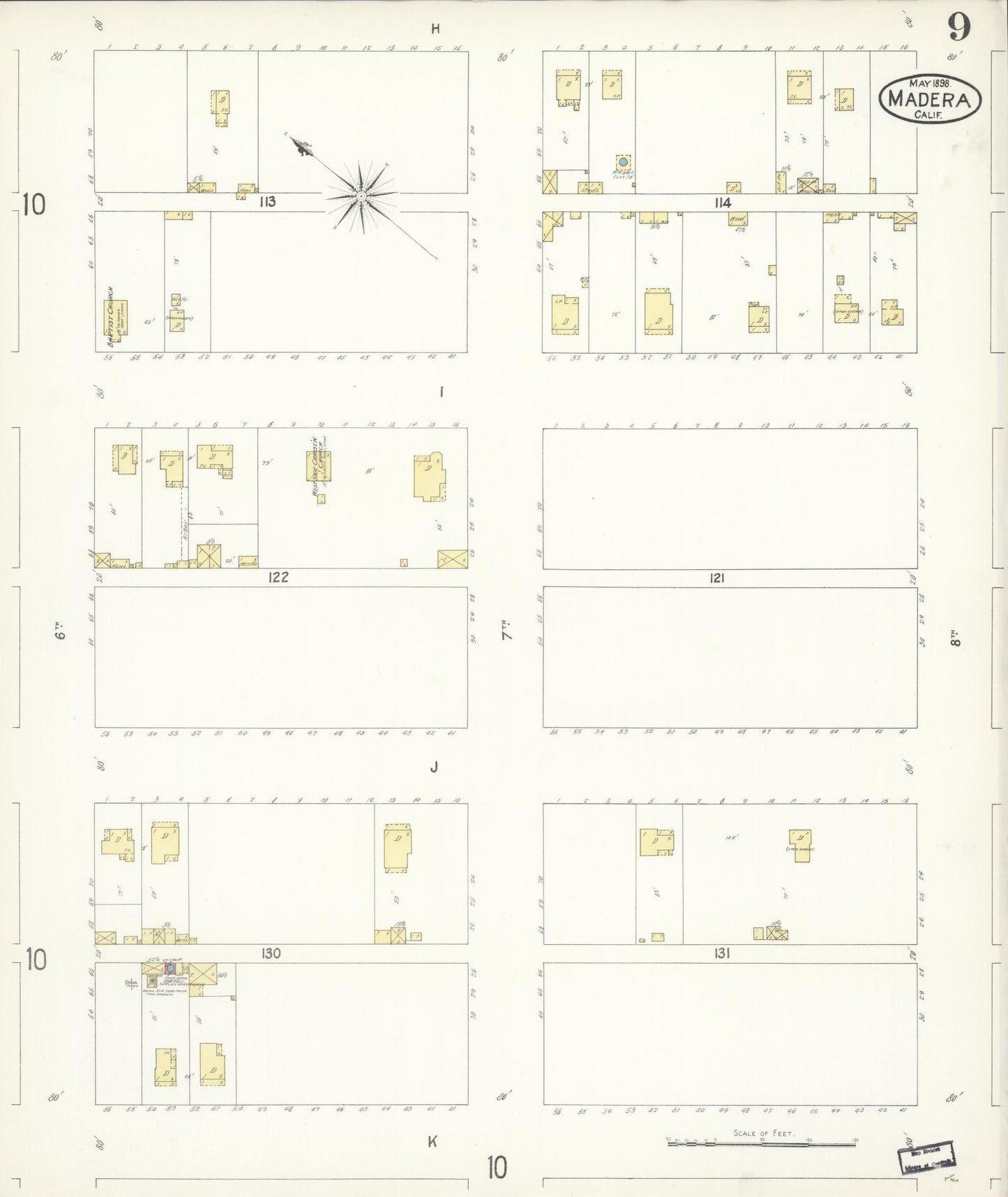 Sanborn Fire Insurance Map from Madera, Madera County, California (1898), Sheet #0009 - Historic Sanborn Fire Insurance Map Print, vintage old map wall art, antique decor, genealogy gift, California California map
