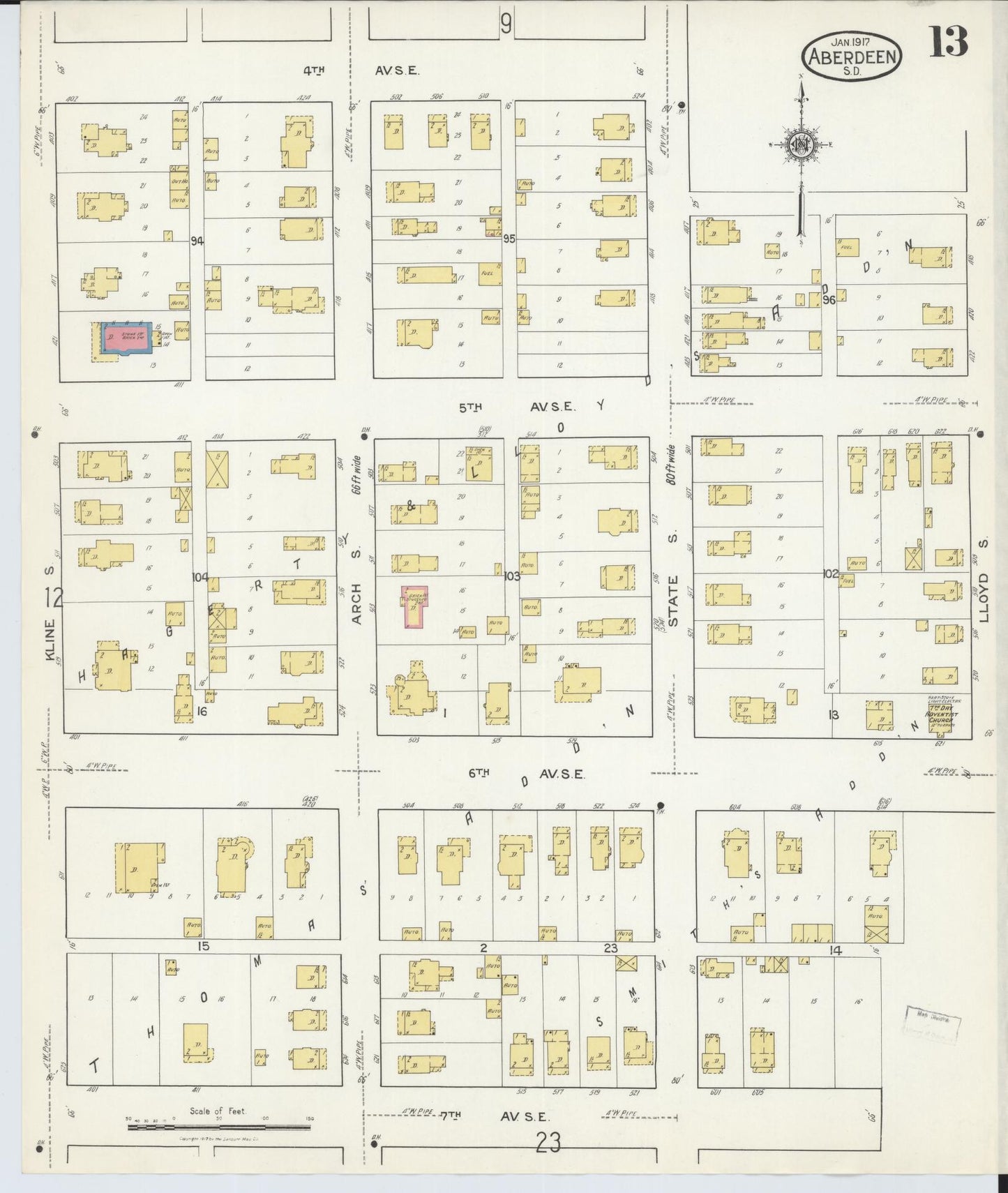 Sanborn Fire Insurance Map from Aberdeen, Brown County, South Dakota (1917), Sheet #0013 - Complete Map Set gallery image, historic Sanborn map, vintage wall art, South Dakota South Dakota
