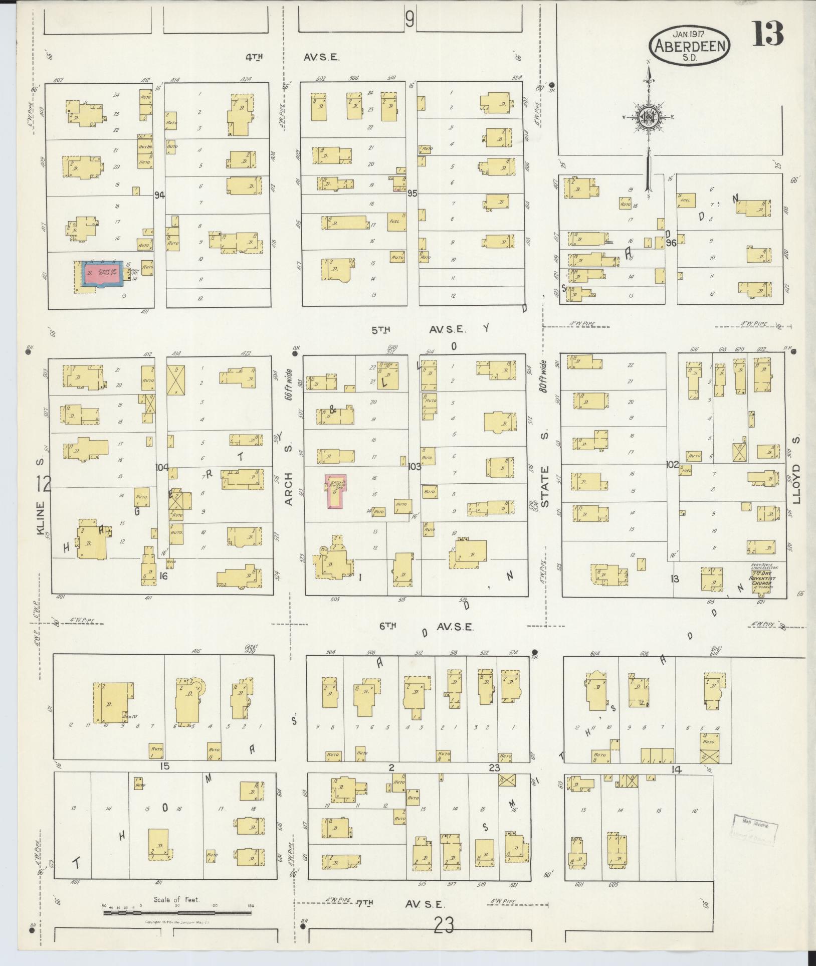 Sanborn Fire Insurance Map from Aberdeen, Brown County, South Dakota (1917), Sheet #0013 - Complete Map Set gallery image, historic Sanborn map, vintage wall art, South Dakota South Dakota