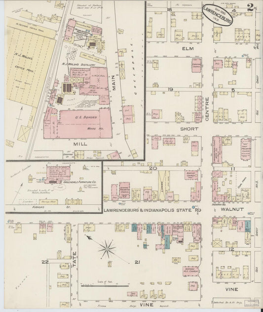 Sanborn Fire Insurance Map from Lawrenceburg, Dearborn County, Indiana (1885), Sheet #0002 - Historic Sanborn Fire Insurance Map Print, vintage old map wall art, antique decor, genealogy gift, Indiana Indiana map