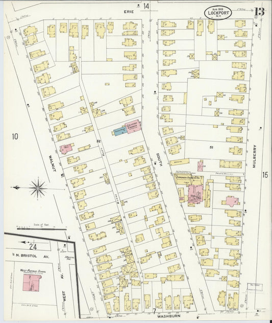 Sanborn Fire Insurance Map from Lockport, Niagara County, New York (1909), Sheet #0013 - Historic Sanborn Fire Insurance Map Print, vintage old map wall art, antique decor, genealogy gift, New York New York map