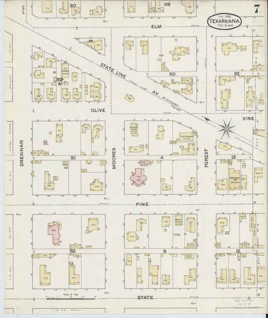 Sanborn Fire Insurance Map from Texarkana, Bowie County, Texas (1888), Sheet #0007 - Historic Sanborn Fire Insurance Map Print, vintage old map wall art, antique decor, genealogy gift, Texas Texas map
