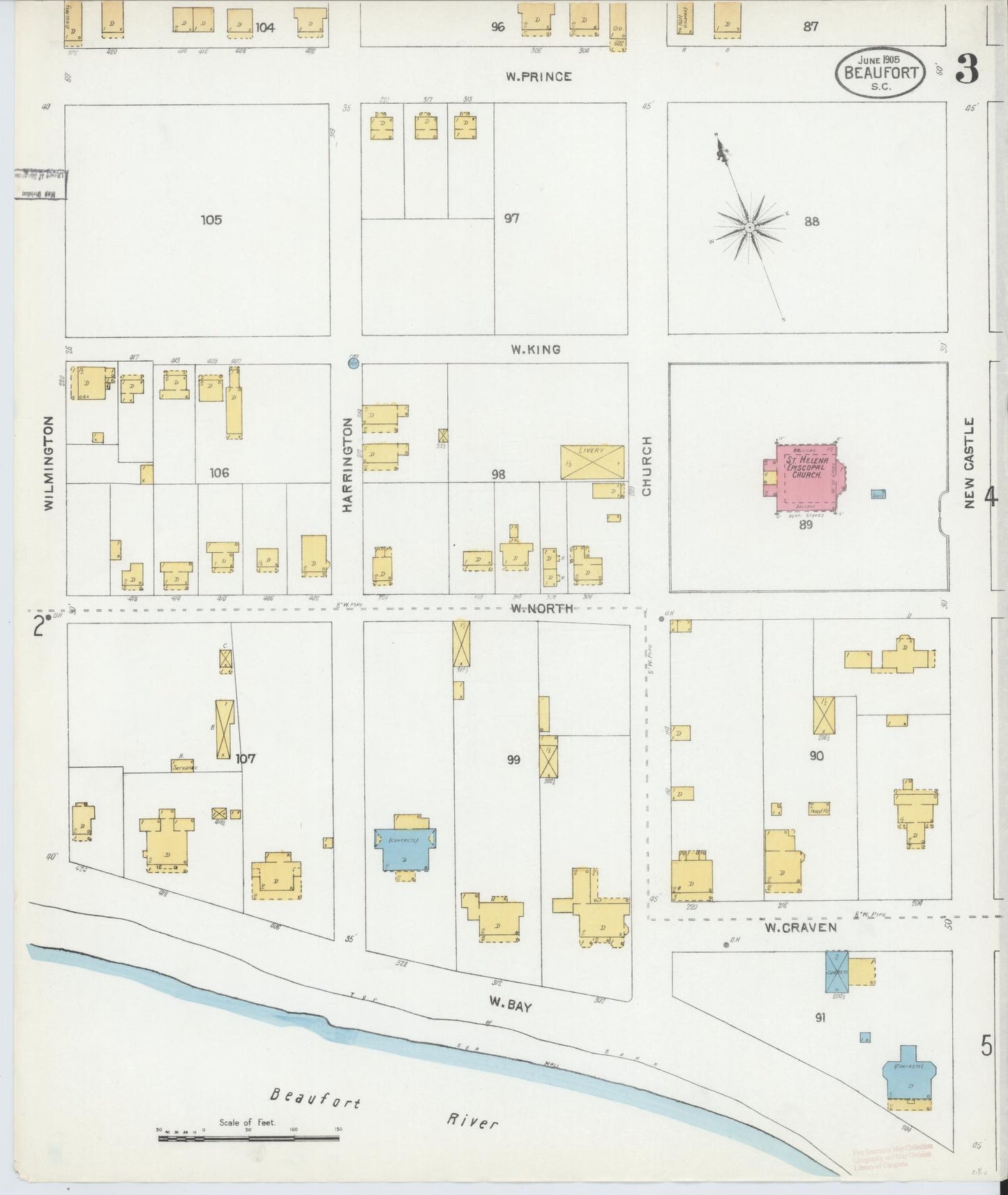 Sanborn Fire Insurance Map from Beaufort, Beaufort County, South Carolina (1905), Sheet #0003 - Historic Sanborn Fire Insurance Map Print, vintage old map wall art, antique decor, genealogy gift, South Carolina South Carolina map