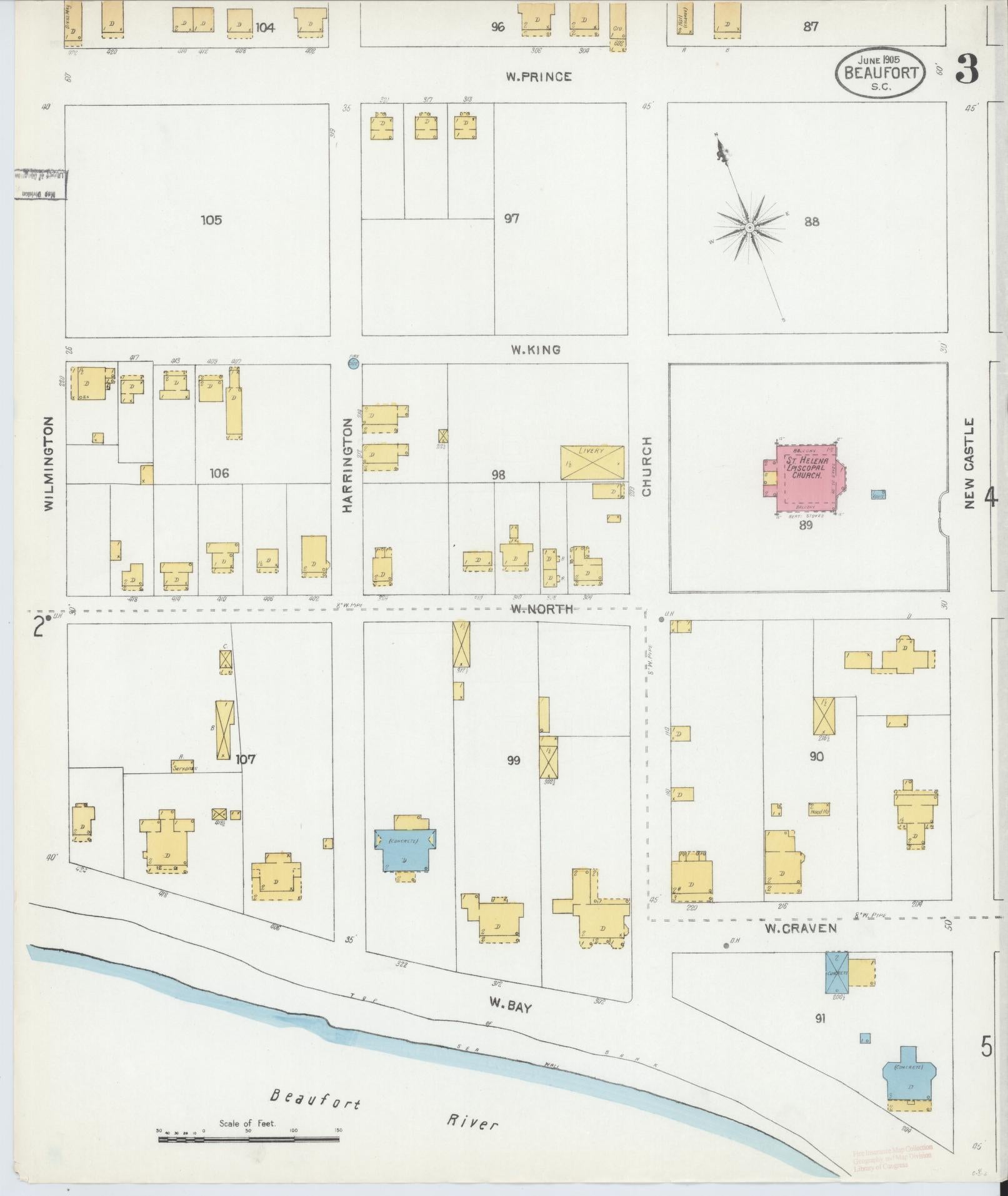 Sanborn Fire Insurance Map from Beaufort, Beaufort County, South Carolina (1905), Sheet #0003 - Historic Sanborn Fire Insurance Map Print, vintage old map wall art, antique decor, genealogy gift, South Carolina South Carolina map