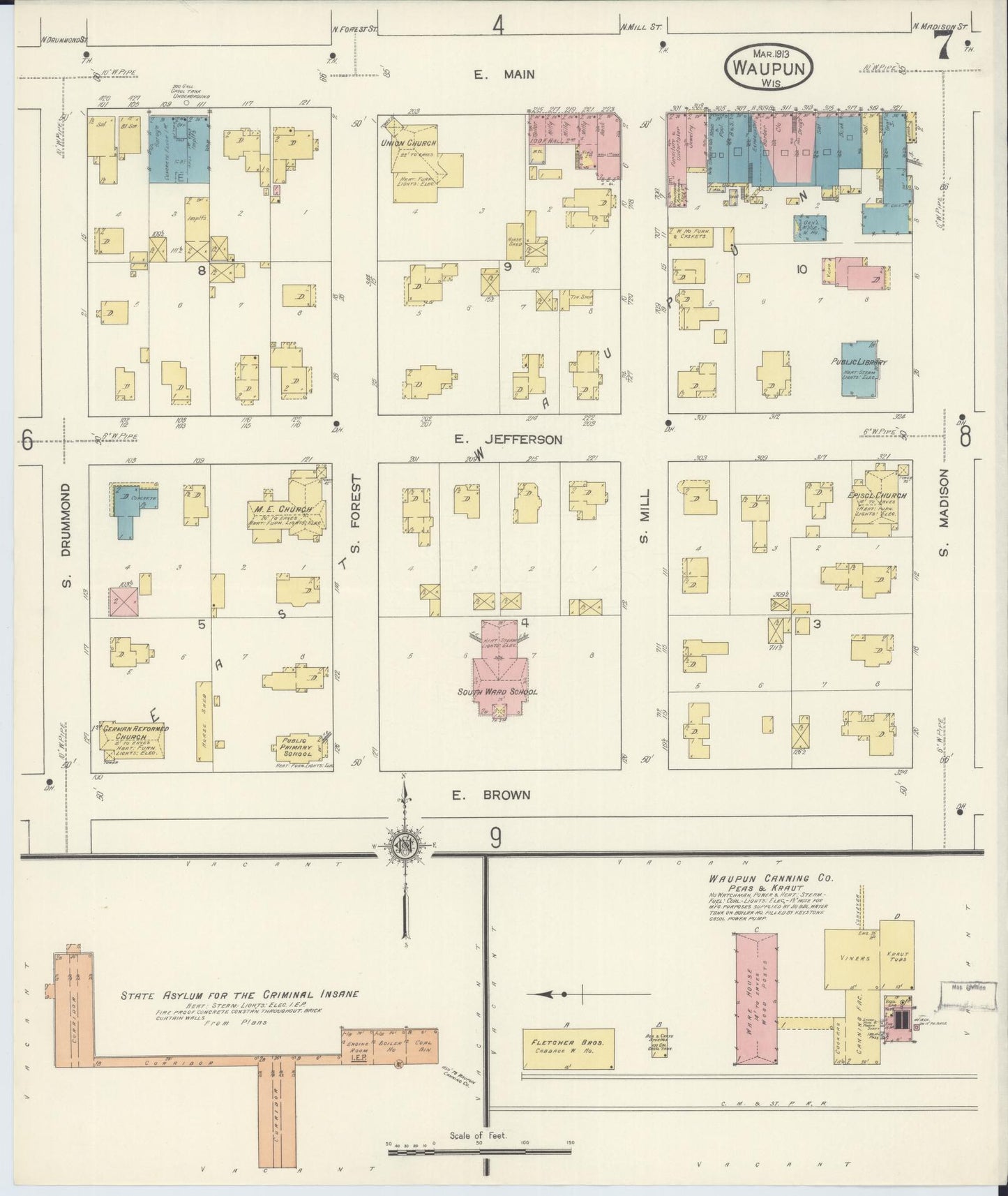 Sanborn Fire Insurance Map from Waupun, Dodge and Fond du Lac Counties, Wisconsin (1913), Sheet #0007 - Complete Map Set gallery image, historic Sanborn map, vintage wall art, Wisconsin Wisconsin