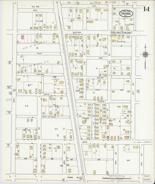 Sanborn Fire Insurance Map from Orange, Orange County, Texas (1919), Sheet #0014 - Historic Sanborn Fire Insurance Map Print, vintage old map wall art, antique decor, genealogy gift, Texas Texas map