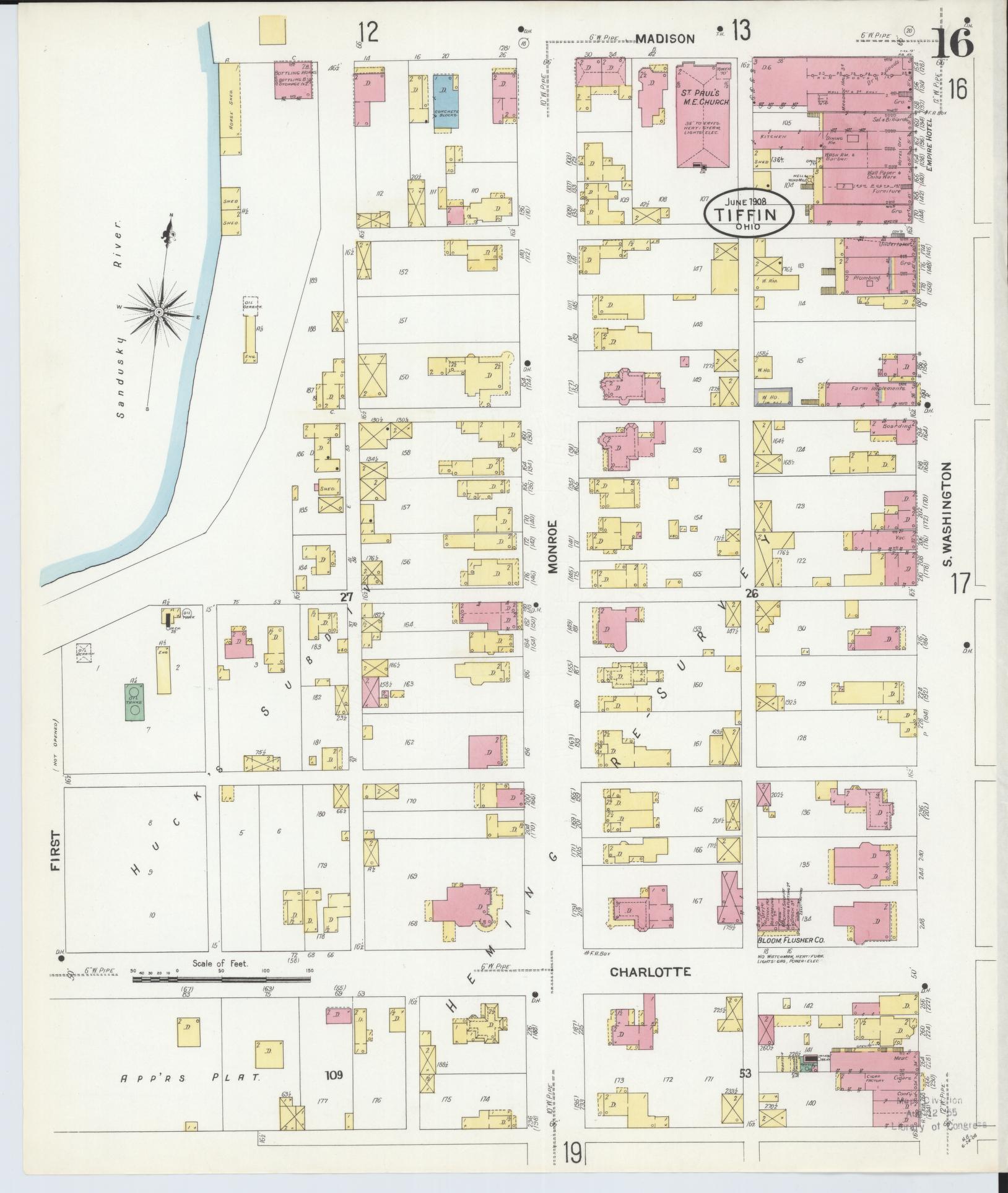 Sanborn Fire Insurance Map from Tiffin, Seneca County, Ohio (1908), Sheet #0016 - Complete Map Set gallery image, historic Sanborn map, vintage wall art, Ohio Ohio