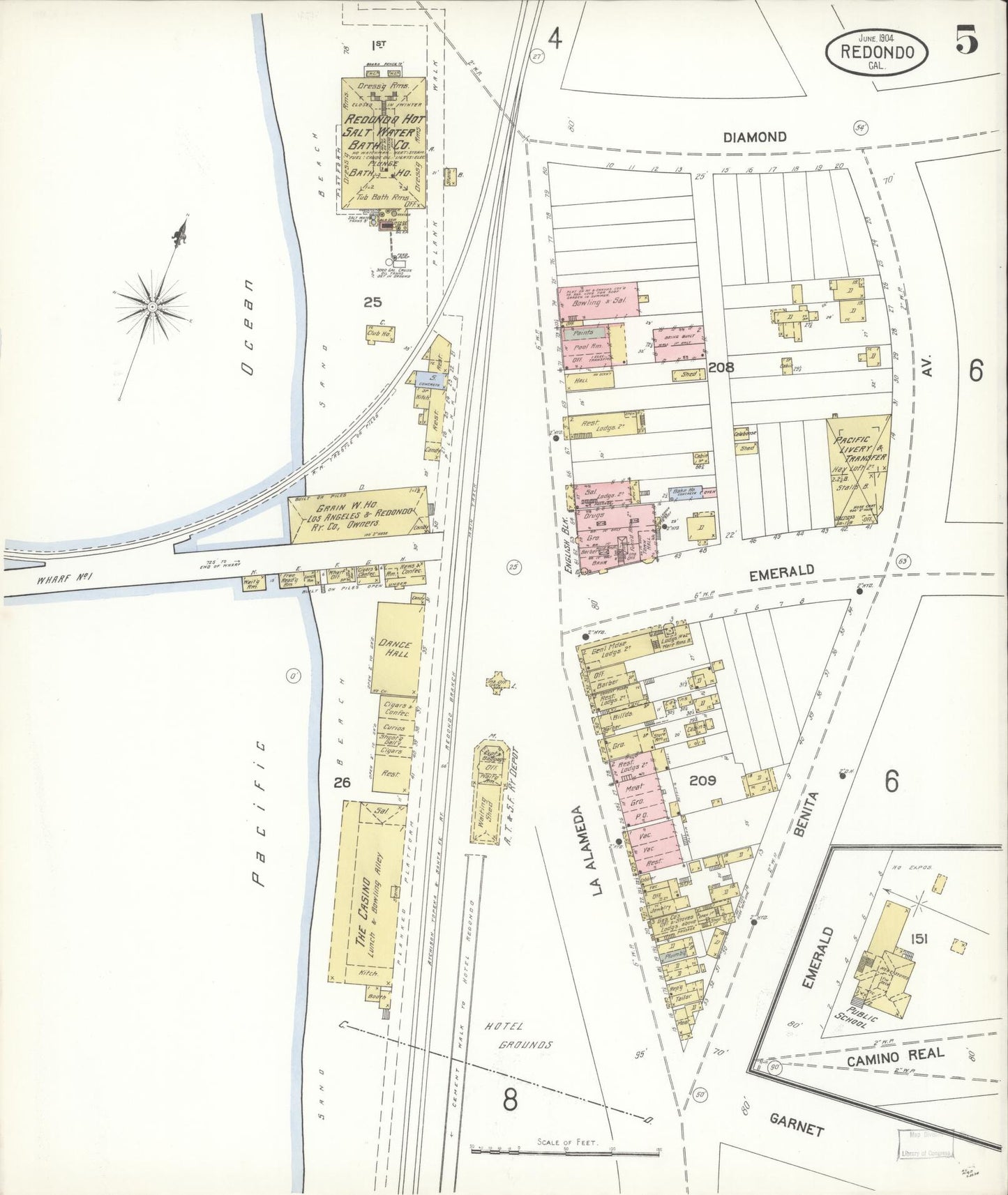 Sanborn Fire Insurance Map from Redondo Beach, Los Angeles County, California (1904), Sheet #0005 - Complete Map Set gallery image, historic Sanborn map, vintage wall art, California California