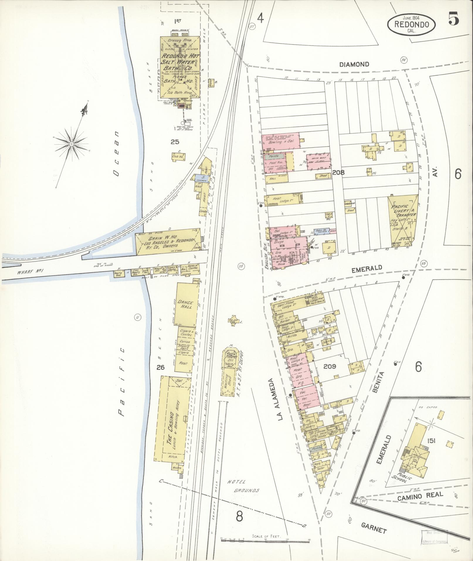 Sanborn Fire Insurance Map from Redondo Beach, Los Angeles County, California (1904), Sheet #0005 - Complete Map Set gallery image, historic Sanborn map, vintage wall art, California California