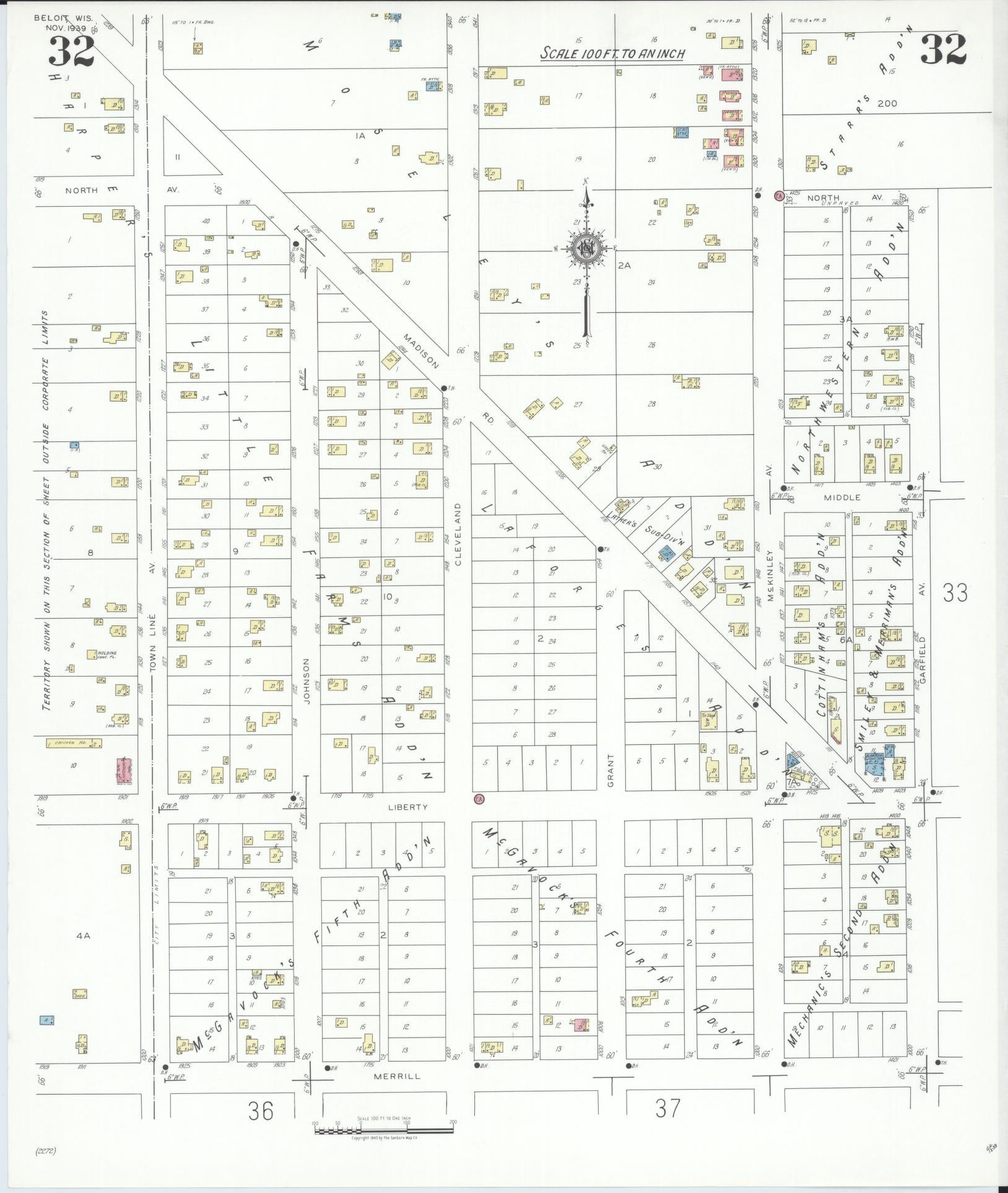 Sanborn Fire Insurance Map from Beloit, Rock County, Wisconsin (1939), Sheet #0032 - Historic Sanborn Fire Insurance Map Print, vintage old map wall art, antique decor, genealogy gift, Wisconsin Wisconsin map