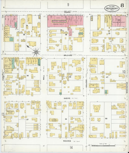 Sanborn Fire Insurance Map from Beaumont, Jefferson County, Texas (1904), Sheet #0008 - Historic Sanborn Fire Insurance Map Print, vintage old map wall art, antique decor, genealogy gift, Texas Texas map