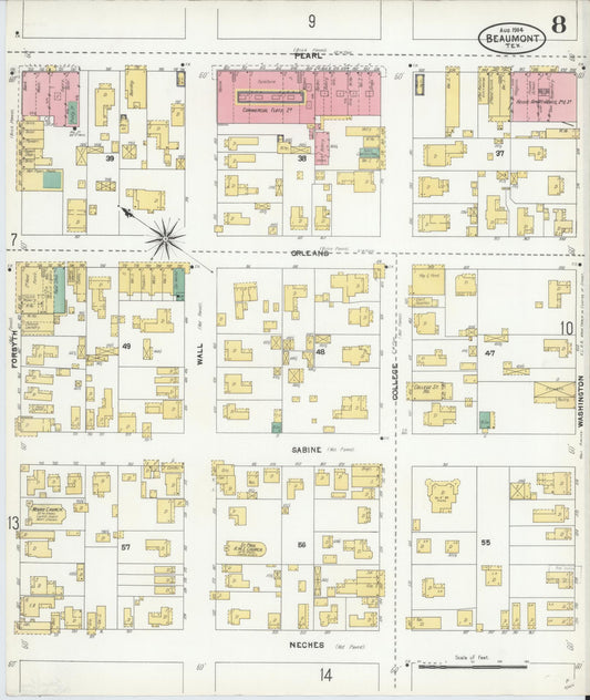 Sanborn Fire Insurance Map from Beaumont, Jefferson County, Texas (1904), Sheet #0008 - Historic Sanborn Fire Insurance Map Print, vintage old map wall art, antique decor, genealogy gift, Texas Texas map