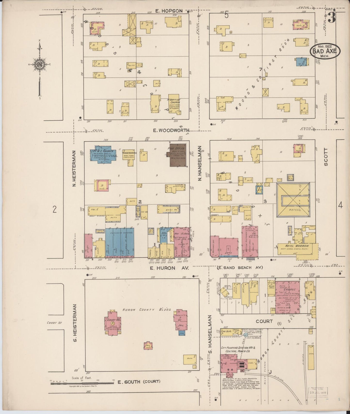 Sanborn Fire Insurance Map from Bad Axe, Huron County, Michigan (1922), Sheet #0003 - Historic Sanborn Fire Insurance Map Print, vintage old map wall art, antique decor, genealogy gift, Michigan Michigan map