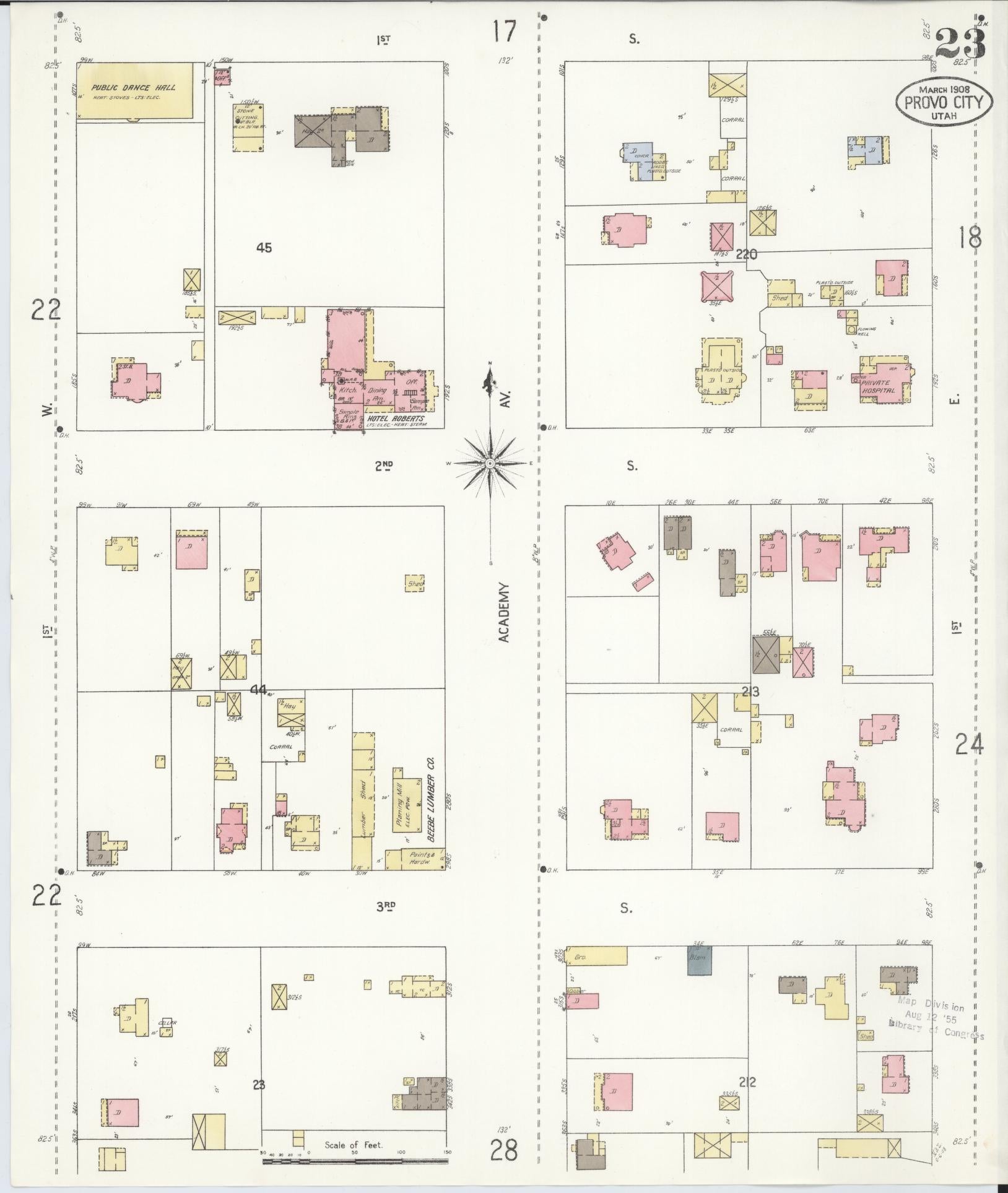 Sanborn Fire Insurance Map from Provo, Utah County, Utah (1908), Sheet #0023 - Historic Sanborn Fire Insurance Map Print, vintage old map wall art, antique decor, genealogy gift, Provo Utah map
