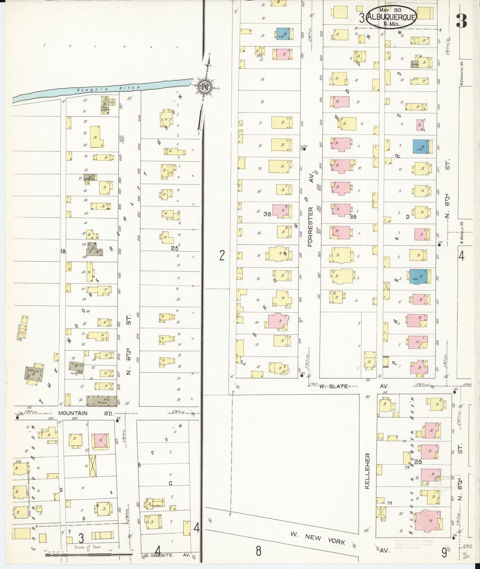 Sanborn Fire Insurance Map from Albuquerque, Bernalillo County, New Mexico (1913), Sheet #0003 - Historic Sanborn Fire Insurance Map Print, vintage old map wall art, antique decor, genealogy gift, New Mexico New Mexico map
