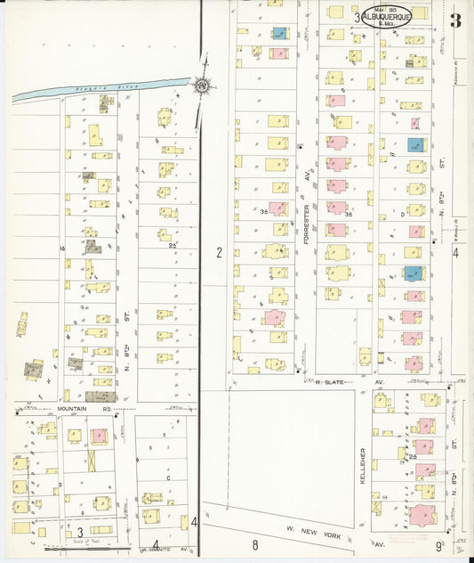Sanborn Fire Insurance Map from Albuquerque, Bernalillo County, New Mexico (1913), Sheet #0003 - Historic Sanborn Fire Insurance Map Print, vintage old map wall art, antique decor, genealogy gift, New Mexico New Mexico map