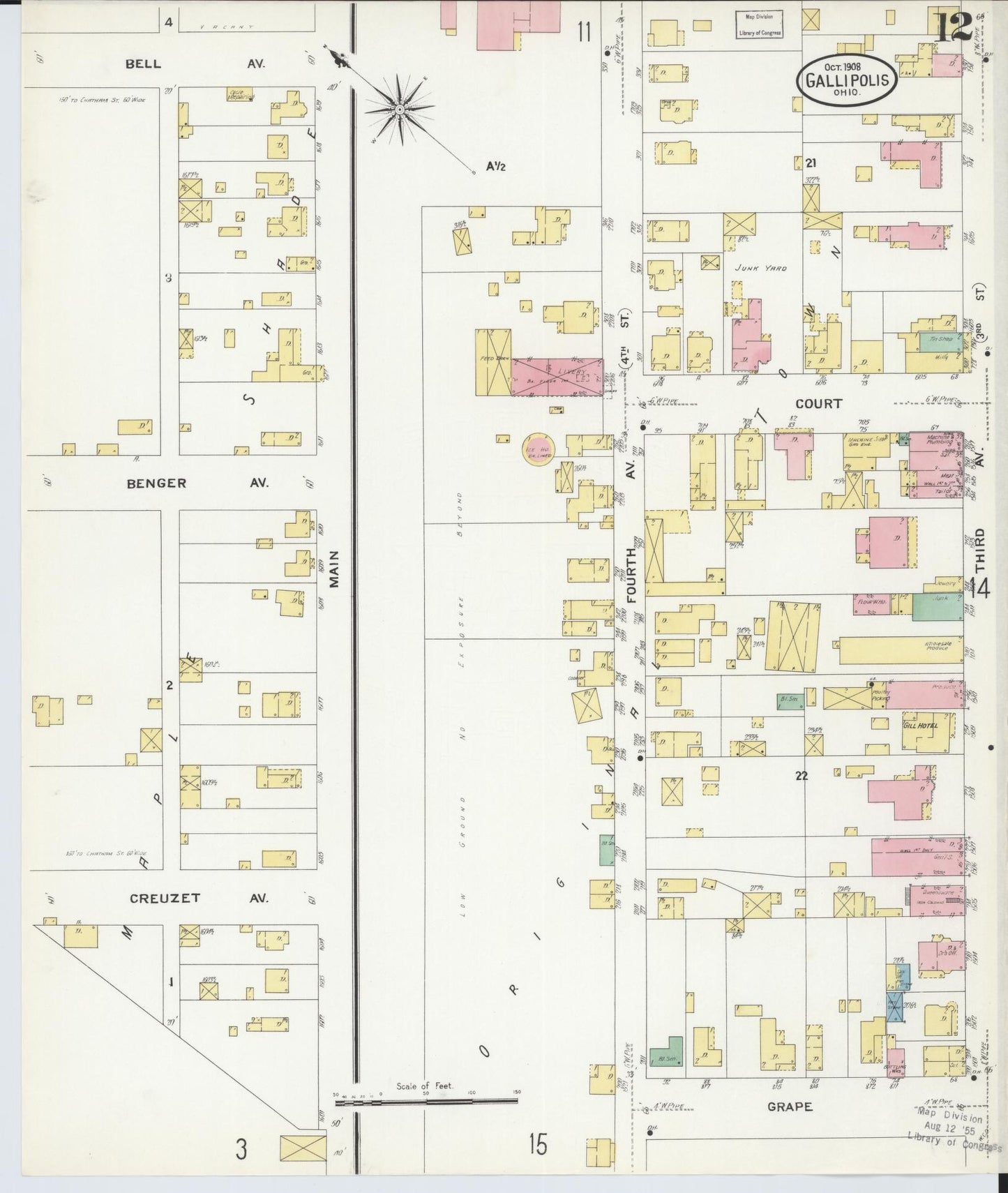 Sanborn Fire Insurance Map from Gallipolis, Gallia County, Ohio (1908), Sheet #0012 - Historic Sanborn Fire Insurance Map Print, vintage old map wall art, antique decor, genealogy gift, Ohio Ohio map