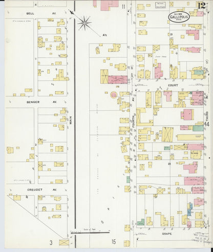 Sanborn Fire Insurance Map from Gallipolis, Gallia County, Ohio (1908), Sheet #0012 - Historic Sanborn Fire Insurance Map Print, vintage old map wall art, antique decor, genealogy gift, Ohio Ohio map