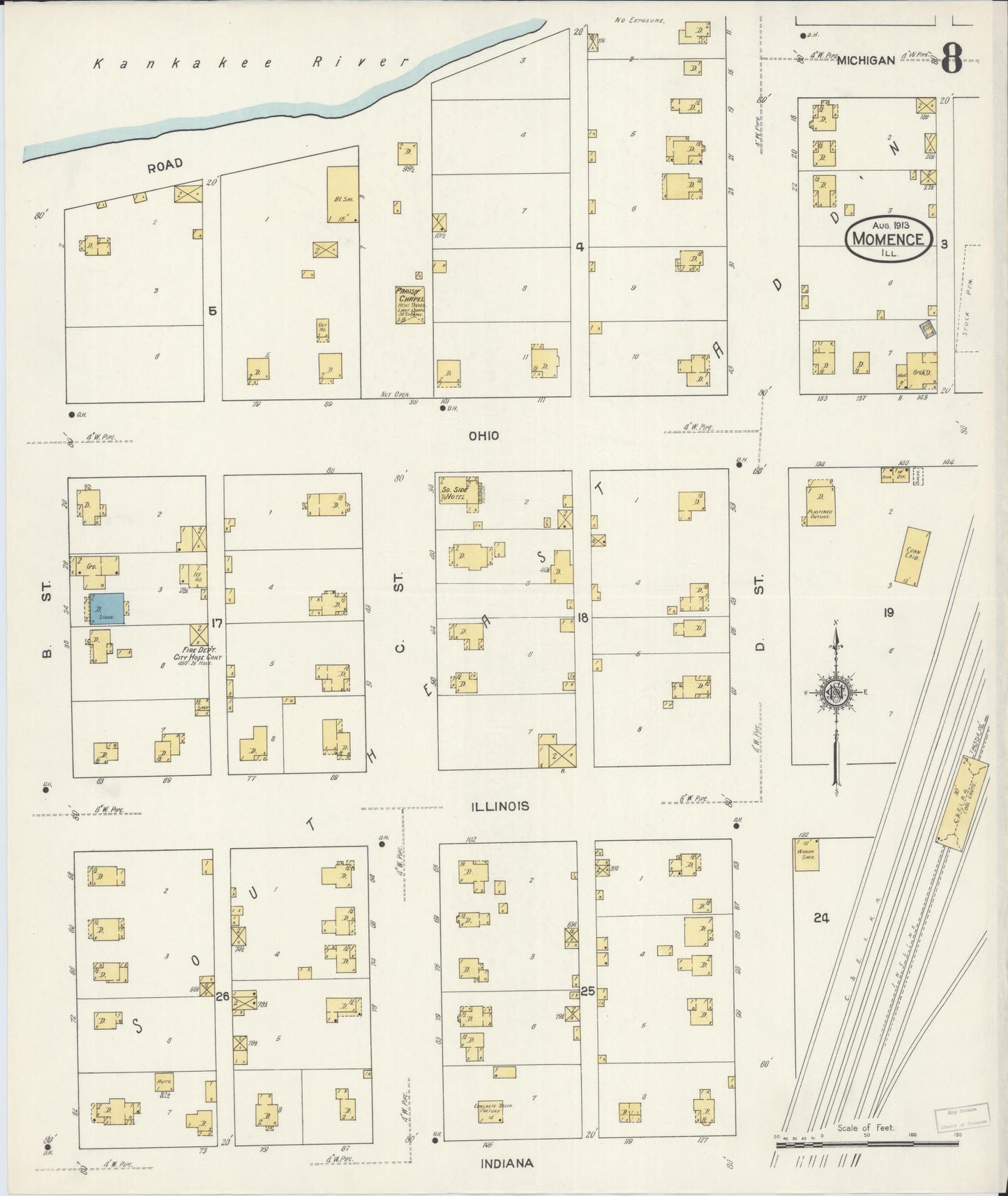 Sanborn Fire Insurance Map from Momence, Kankakee County, Illinois (1913), Sheet #0008 - Complete Map Set gallery image, historic Sanborn map, vintage wall art, Illinois Illinois