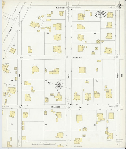 Sanborn Fire Insurance Map from Athens, Clarke County, Georgia (1908), Sheet #0002 - Historic Sanborn Fire Insurance Map Print, vintage old map wall art, antique decor, genealogy gift, Georgia Georgia map