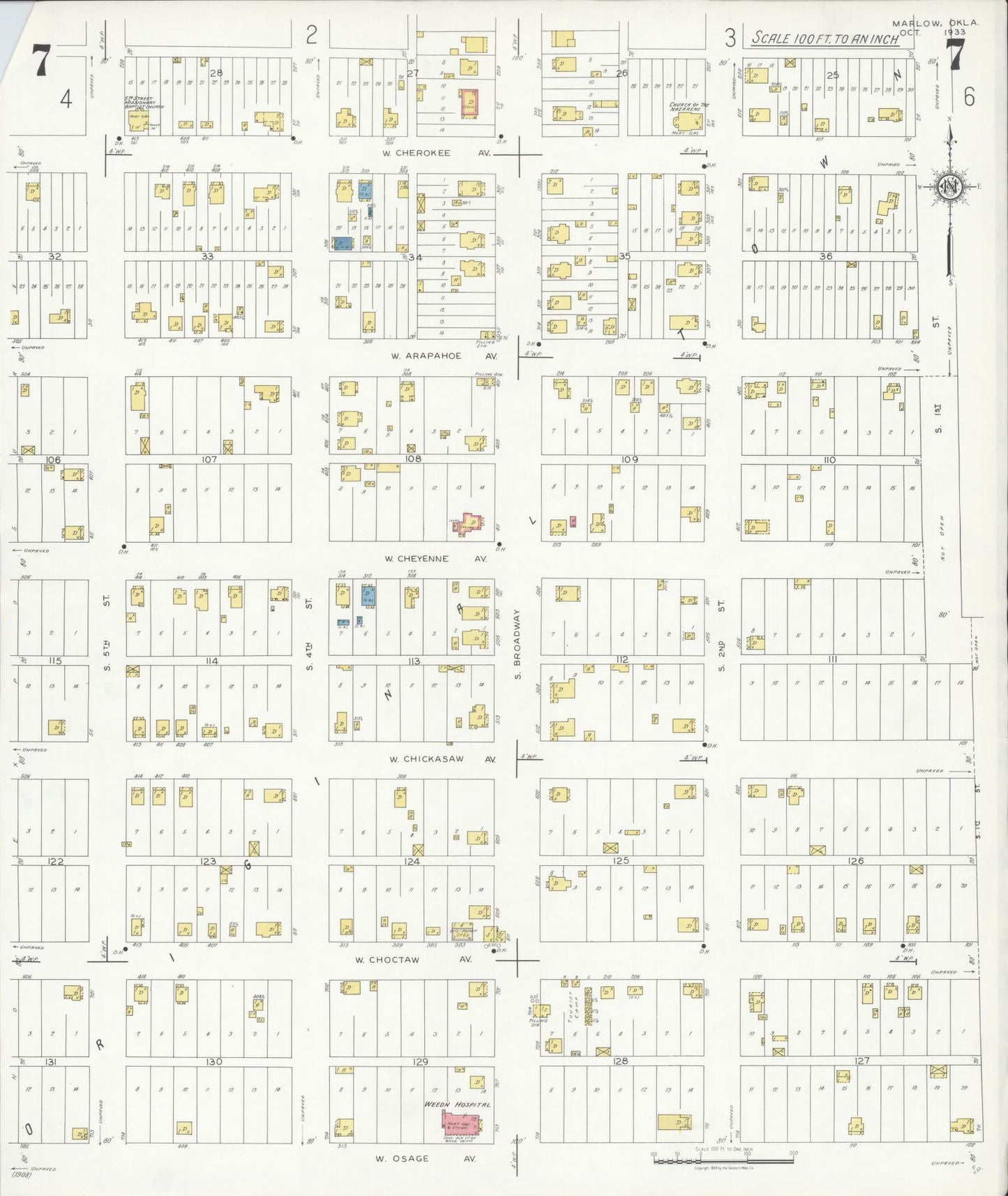 Sanborn Fire Insurance Map from Marlow, Stephens County, Oklahoma (1933), Sheet #0007 - Historic Sanborn Fire Insurance Map Print, vintage old map wall art, antique decor, genealogy gift, Oklahoma Oklahoma map