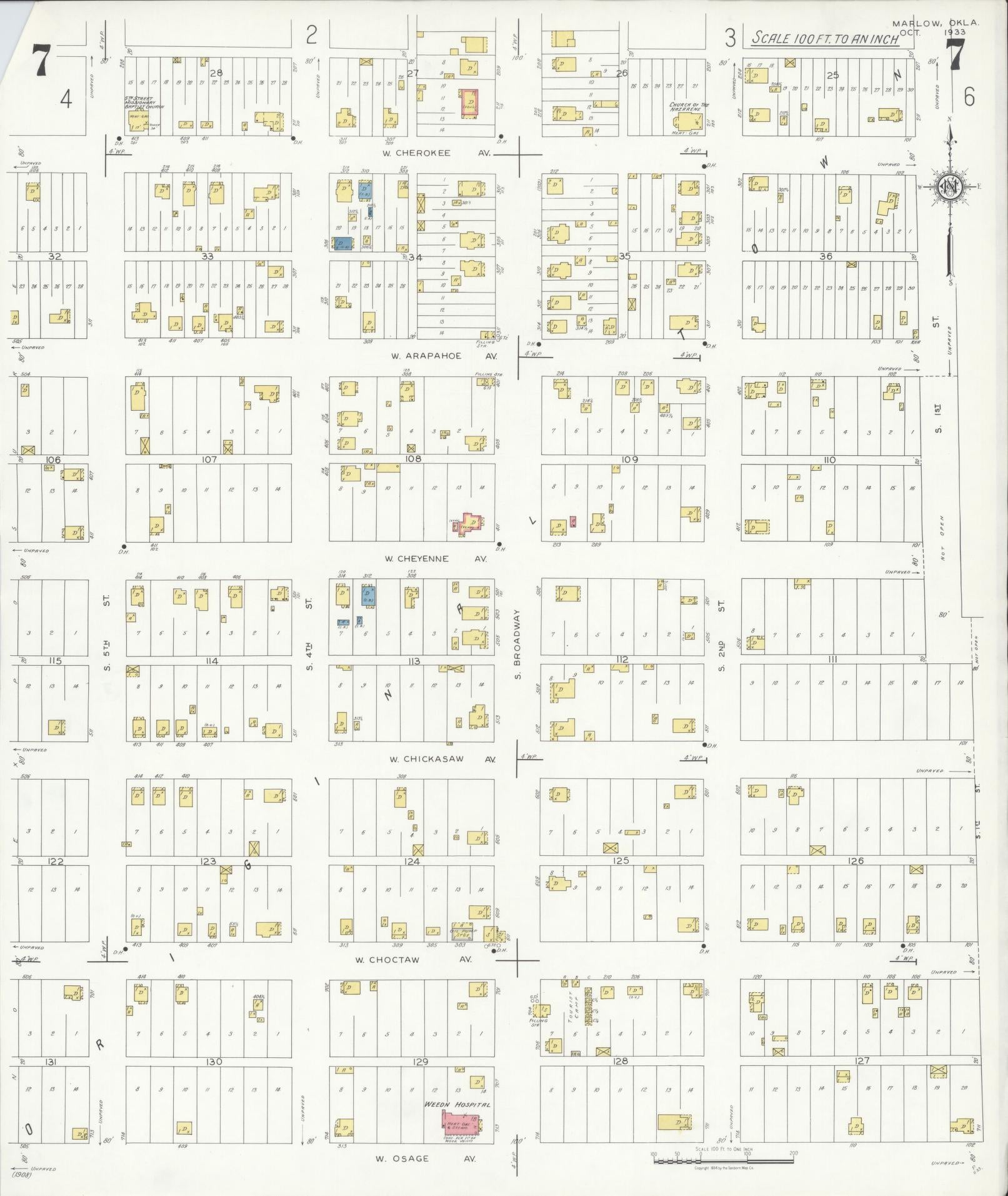 Sanborn Fire Insurance Map from Marlow, Stephens County, Oklahoma (1933), Sheet #0007 - Historic Sanborn Fire Insurance Map Print, vintage old map wall art, antique decor, genealogy gift, Oklahoma Oklahoma map